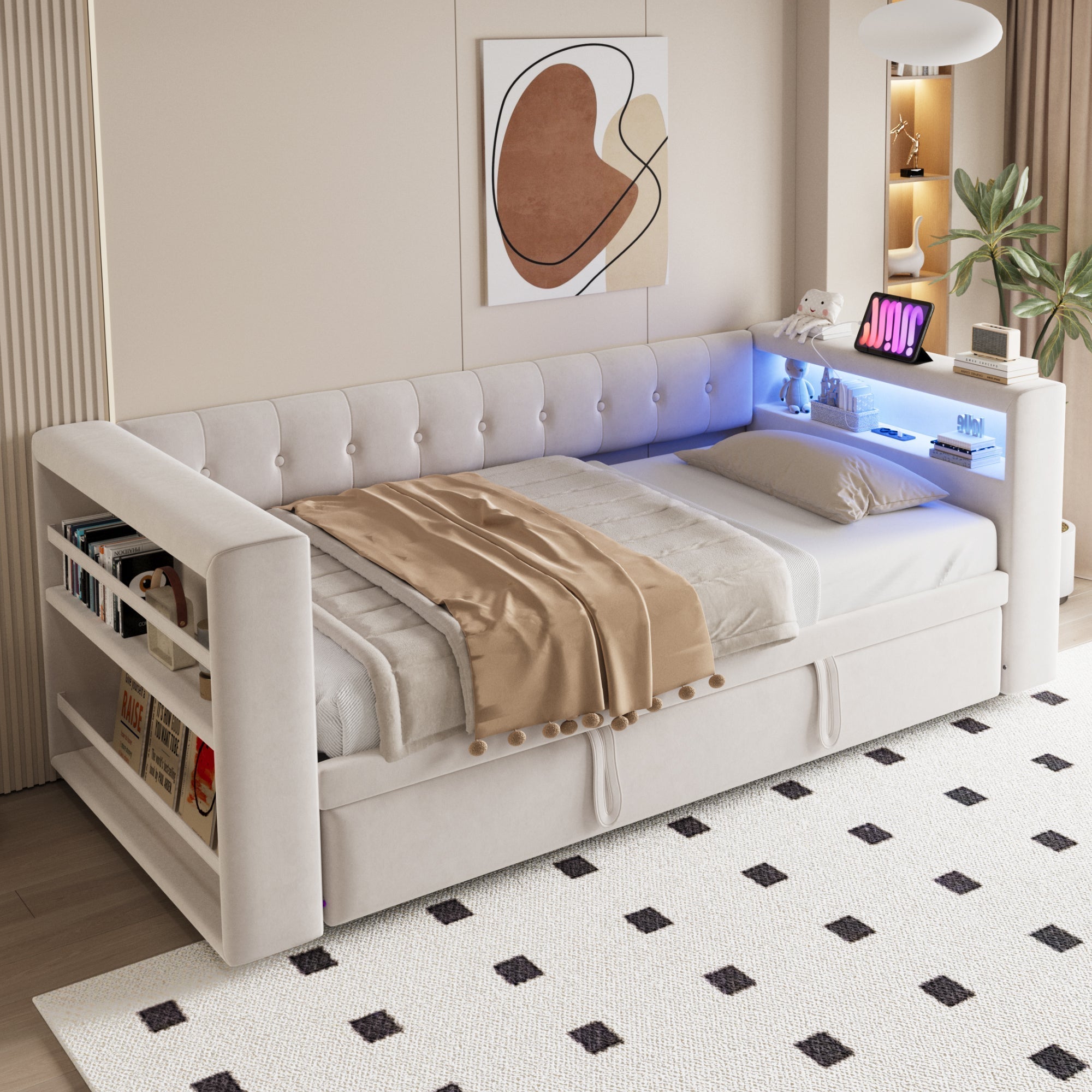 Multifunctional Upholstered Sofa Bed with LED Lighting, Power Outlets and Ample Storage, 90/180x190cm, Beige