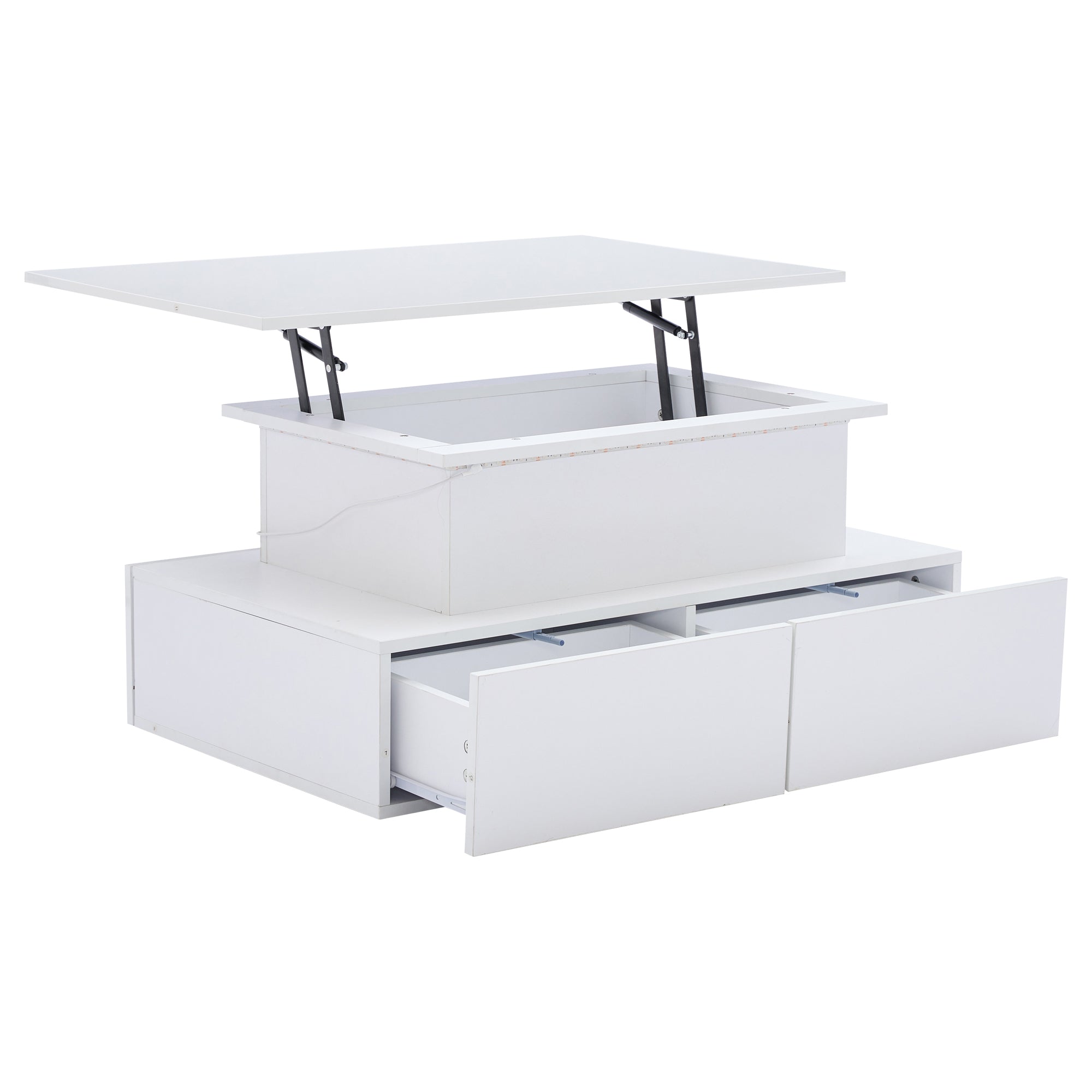 Coffee Table, LED High Gloss Lift Top Rectangular with 4 Drawers, Wood White
