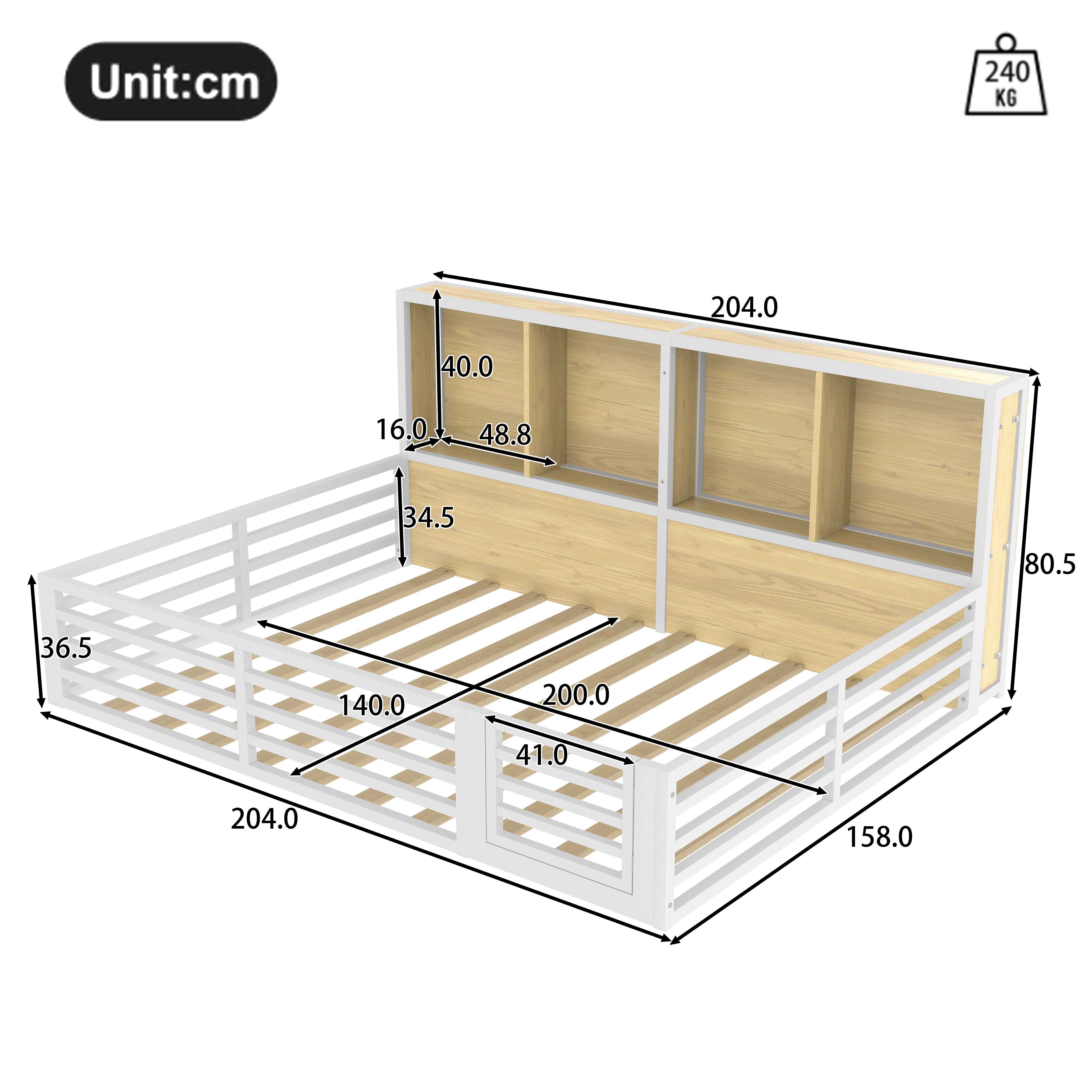 Fence Daybed with Storage Compartment and Railing, 140 x 200cm, White Metal and MDF