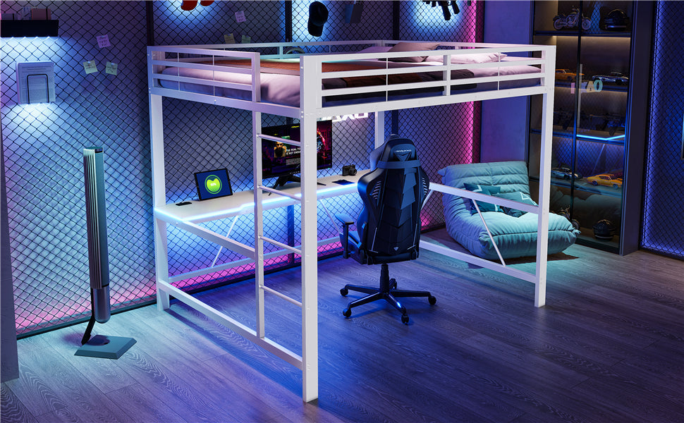 Gaming Loft Bed Frame with 160x200 Desk, LED and USB, White Metal