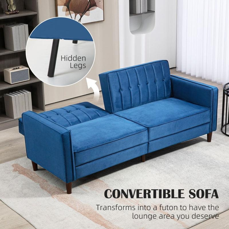 Three-Seater Sofa Bed Convertible Reclining Split Back Velvet-Feel Blue