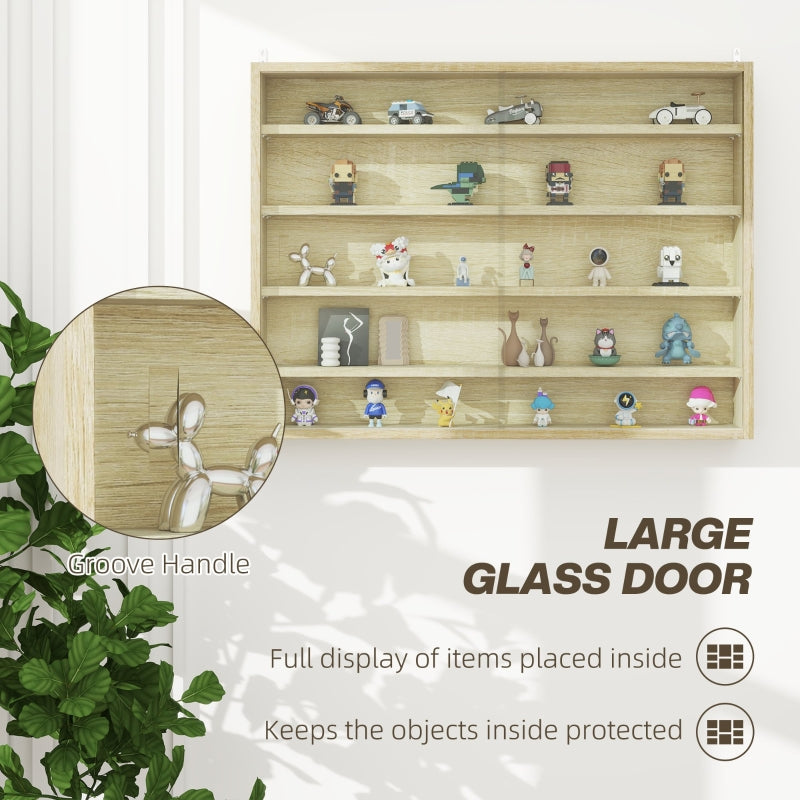 5-Tier Wall Display Cabinet with 4 Adjustable Shelves and Glass Doors, Oak