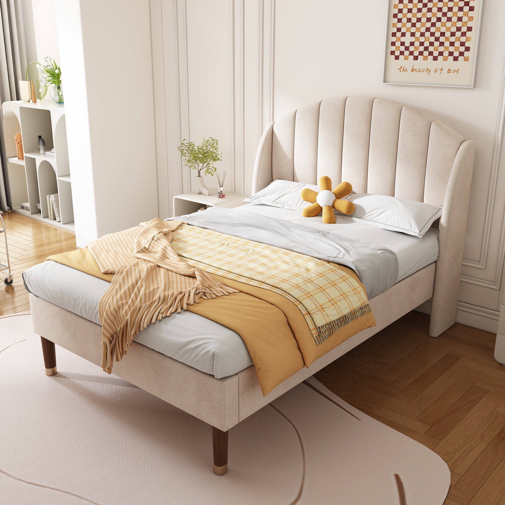 Upholstered bed, Single Bed - 3ft (90*190cm) with Slatted Frame and Headboard, Beige Velvet