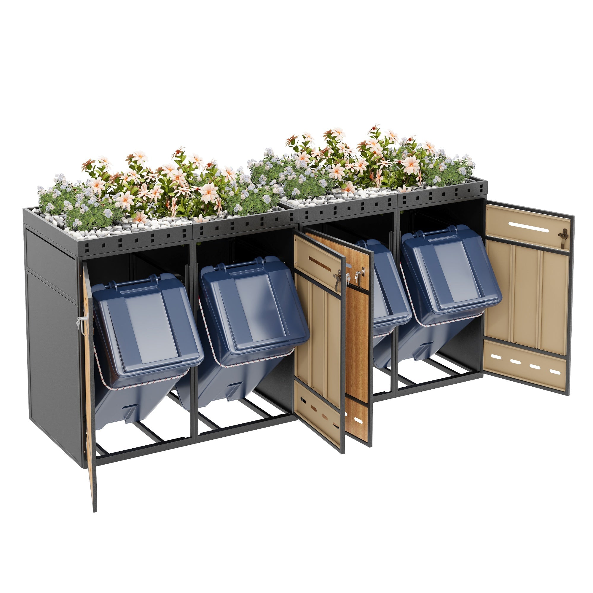 Bin Storage Unit with Green Roof for Four 120-240L Bins, Anthracite Wood-Look