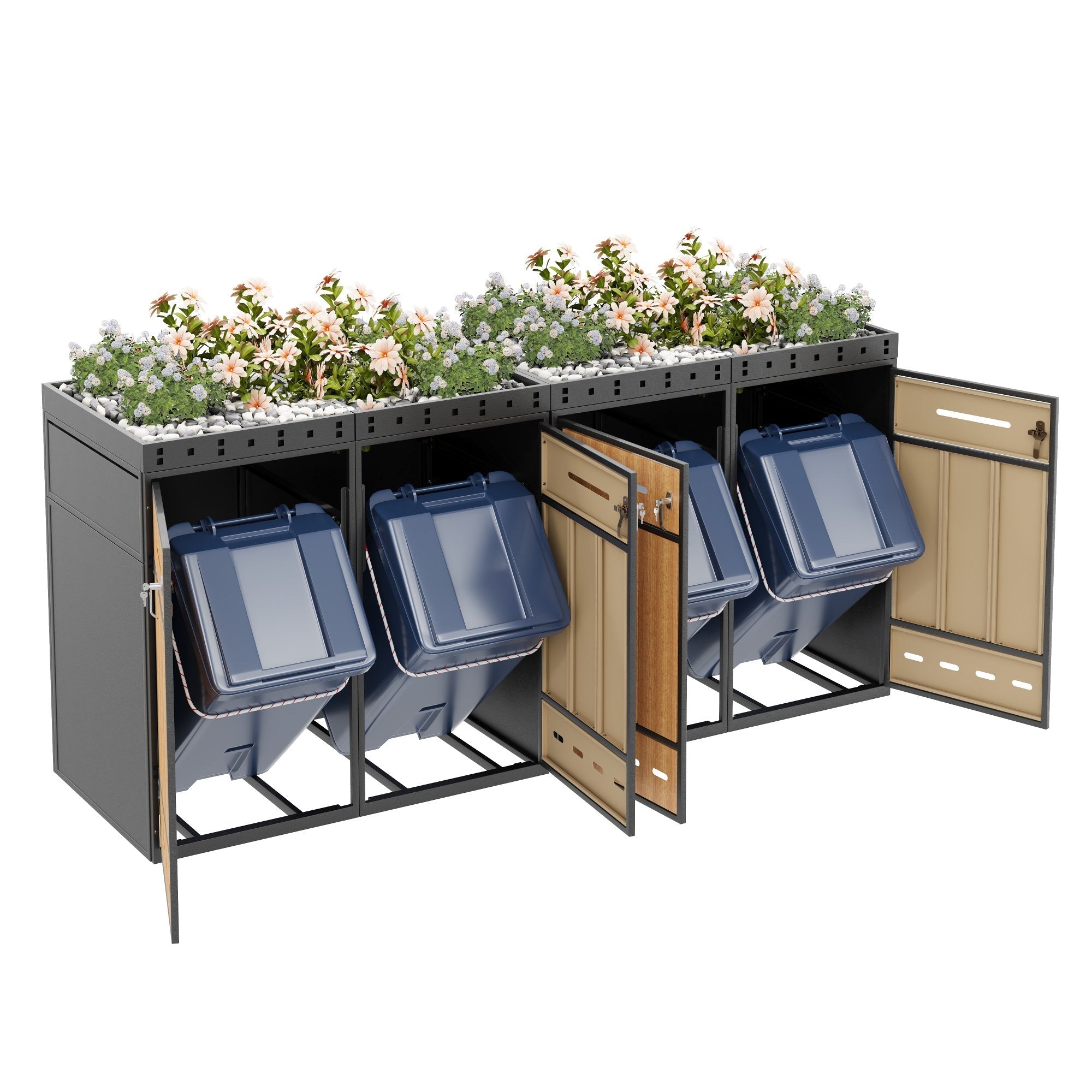Bin Storage Unit with Green Roof for Four 120-240L Bins, Anthracite Wood-Look
