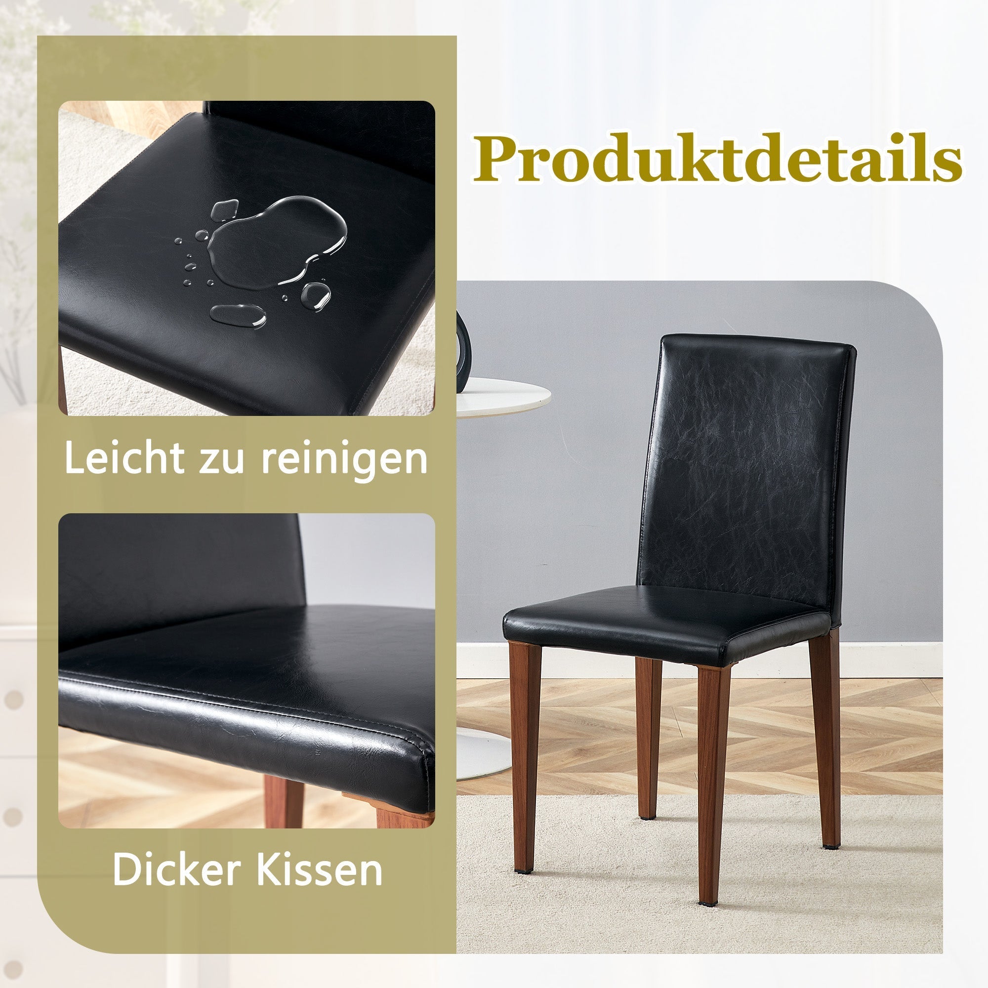Minimalist Dining Chairs Set of 4, PU Leather and Metal Legs, Black and Walnut finish
