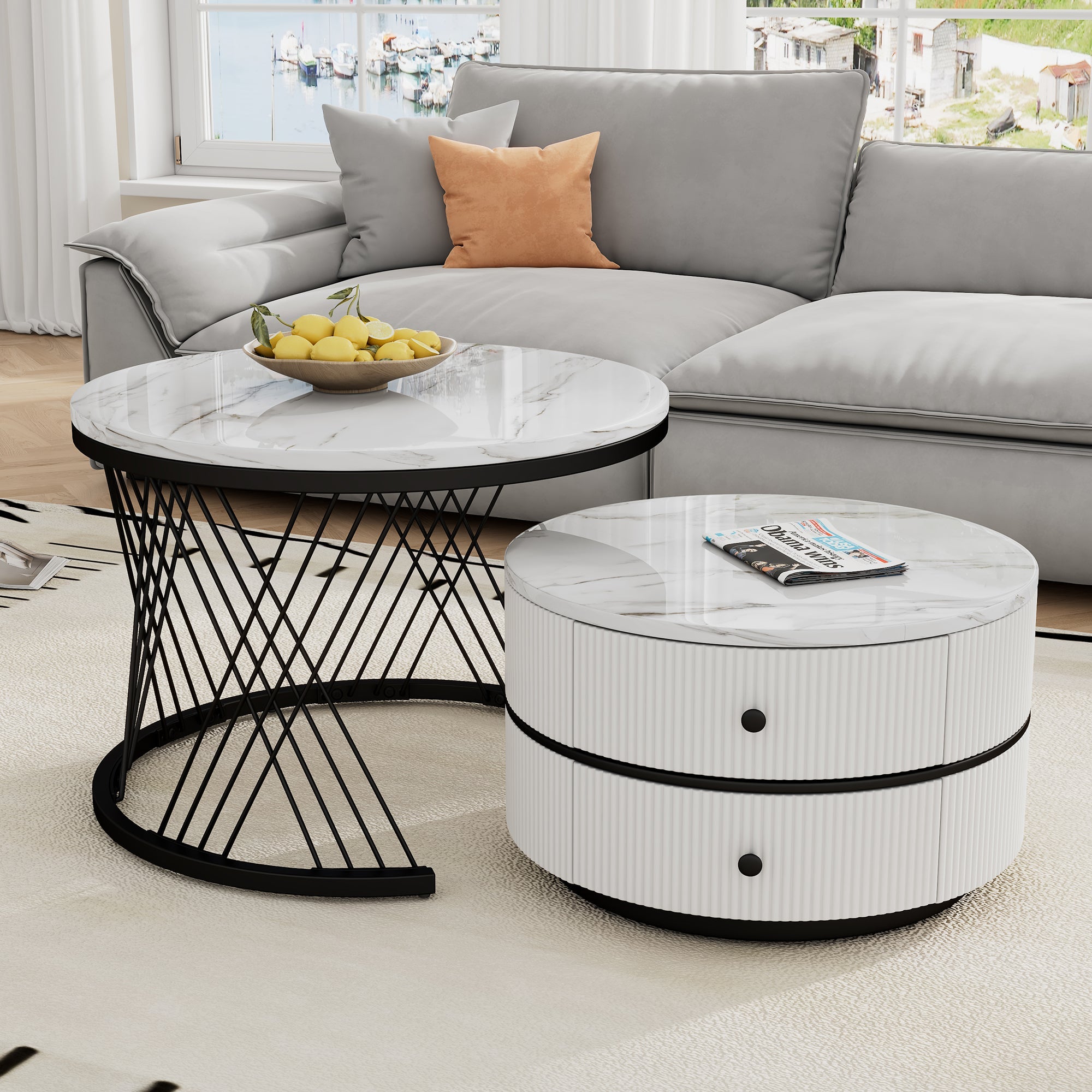 Elegant 2-Piece Nesting Coffee Table Set, Round High-Gloss Marble Look with 2 Drawers, White