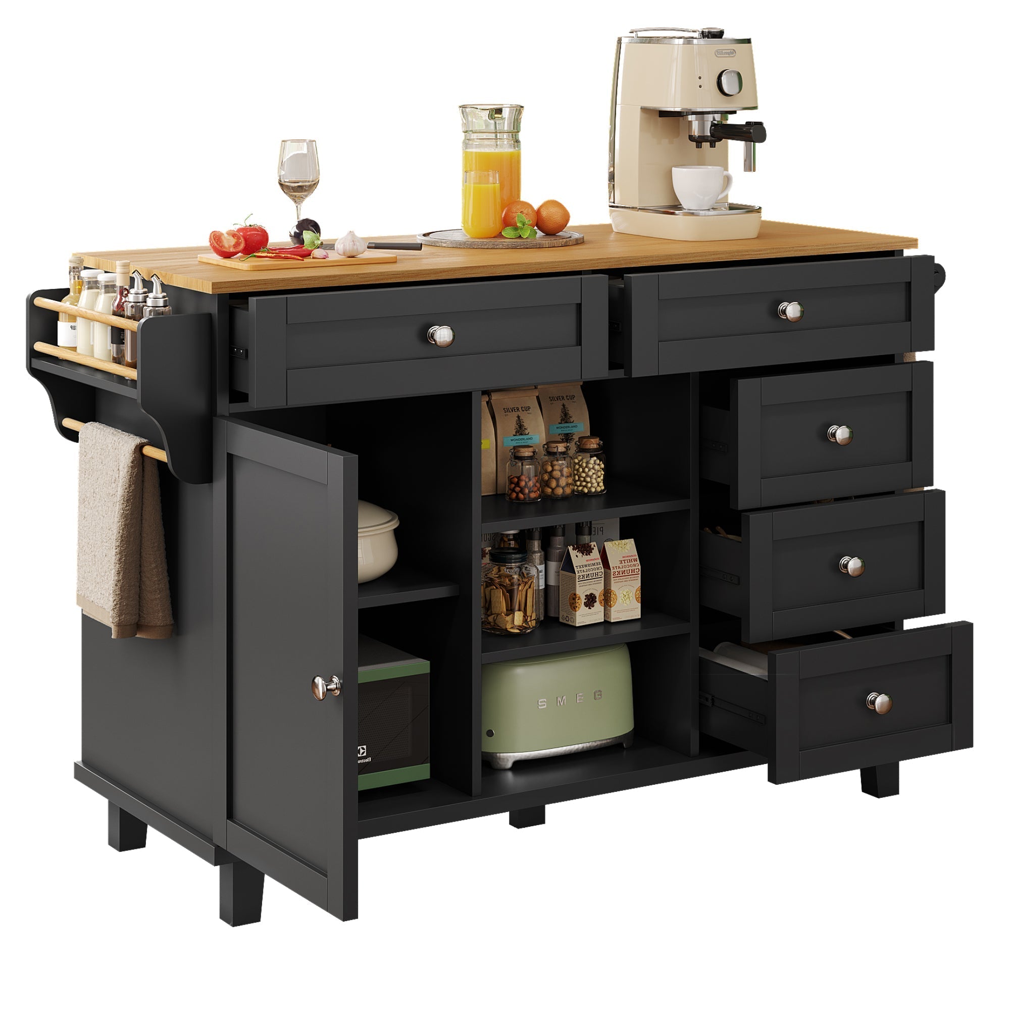 Dining Trolley with Drawer and Storage Cabinet, Mobile and Fixed Dual-Use Design, MDF Wood Grain