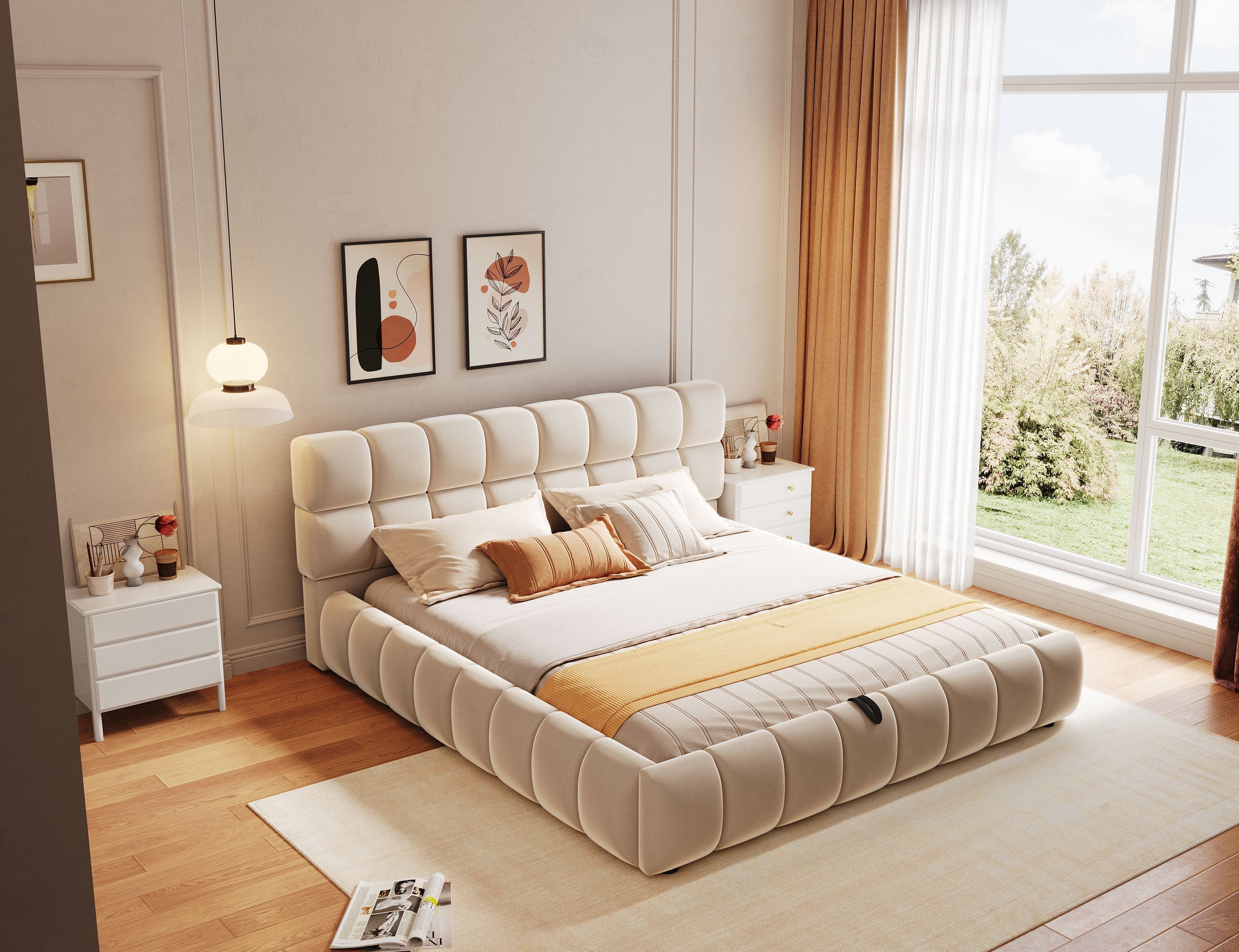 Upholstered Bed 140x200cm Hydraulic Storage, Velvet Beige