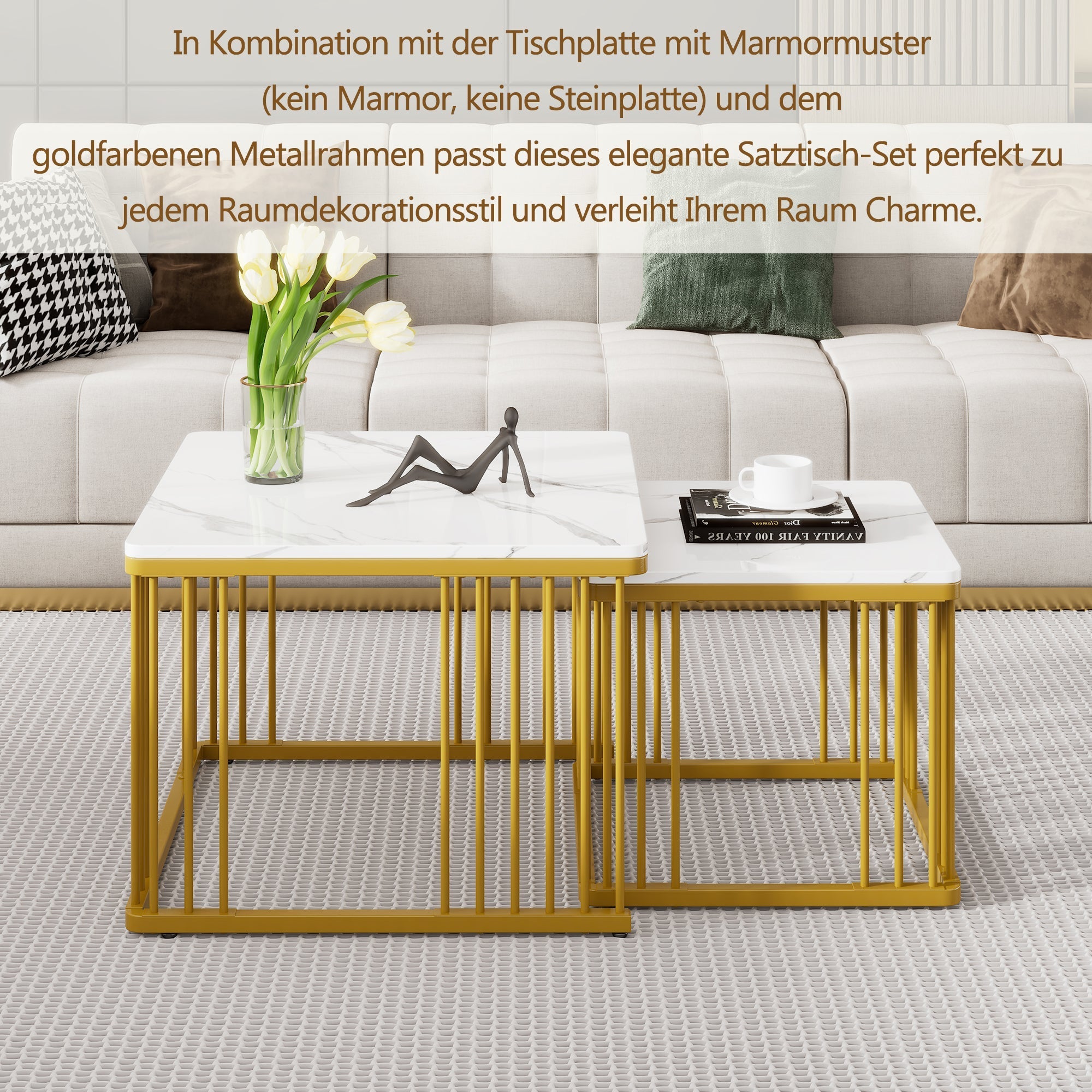 Nesting Coffee Tables Set of 2 Square Marble-Effect High-Gloss - Gold Legs