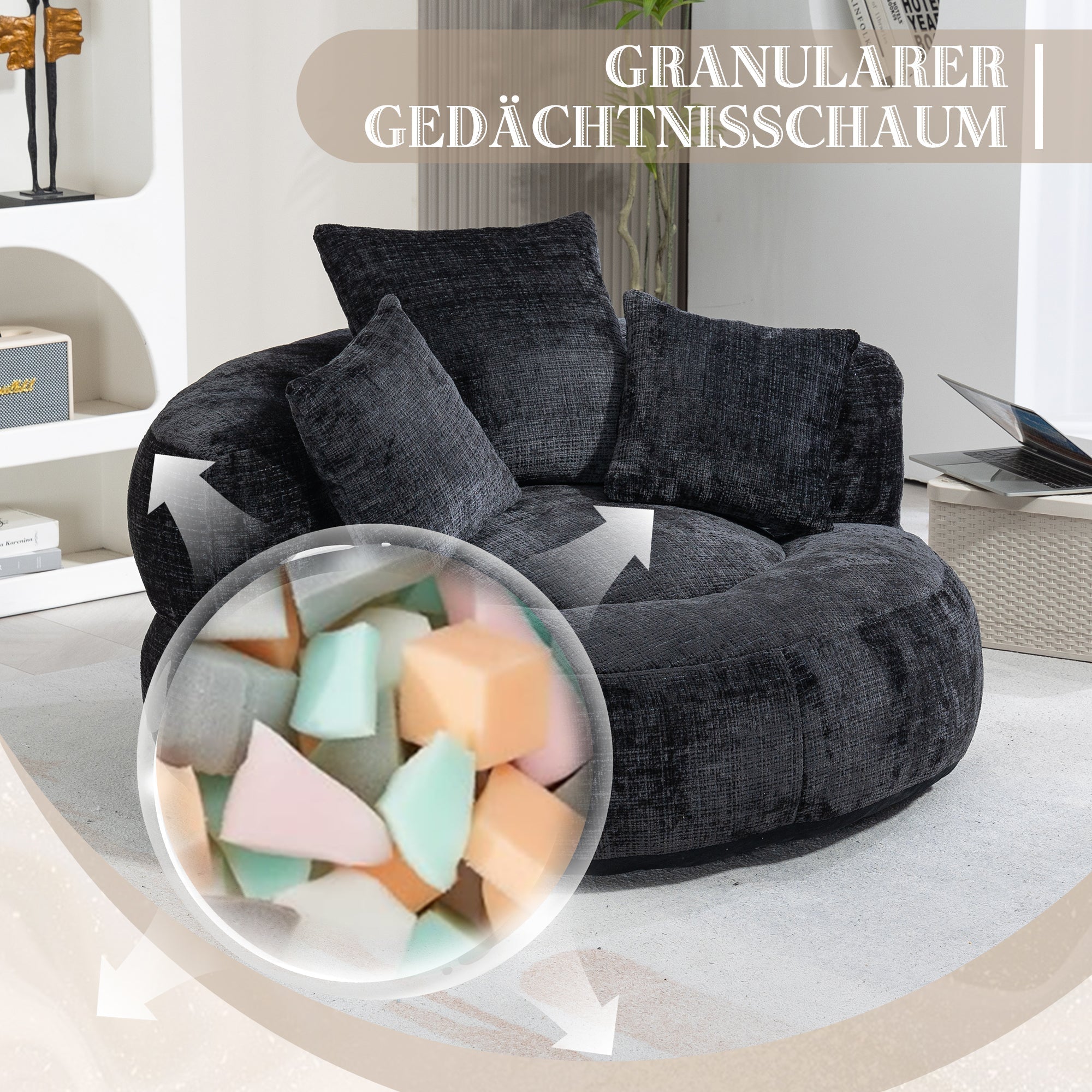 Lazy Sofa High Back Beanbag Chair with Three Cushions, Indoor/Outdoor, Black Chenille