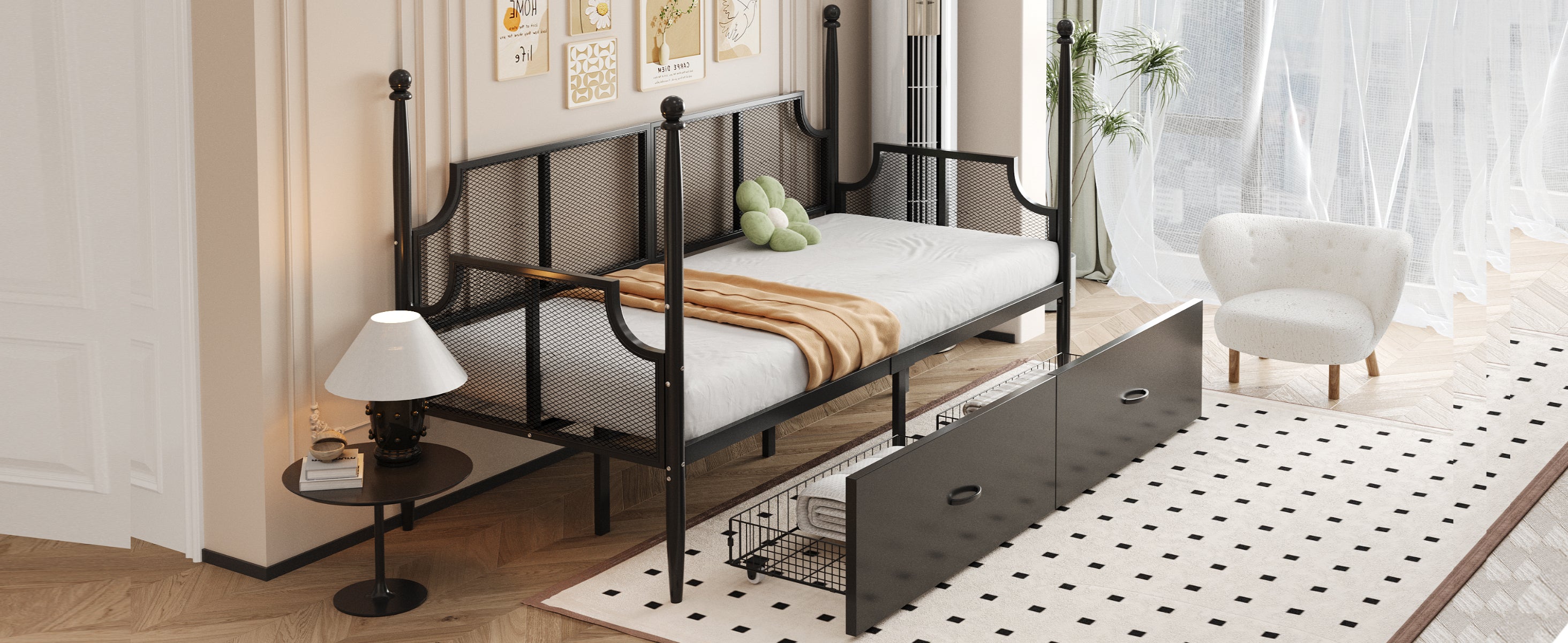 Iron Sofa Bed 90x200, Vintage Mesh with Storage, Black