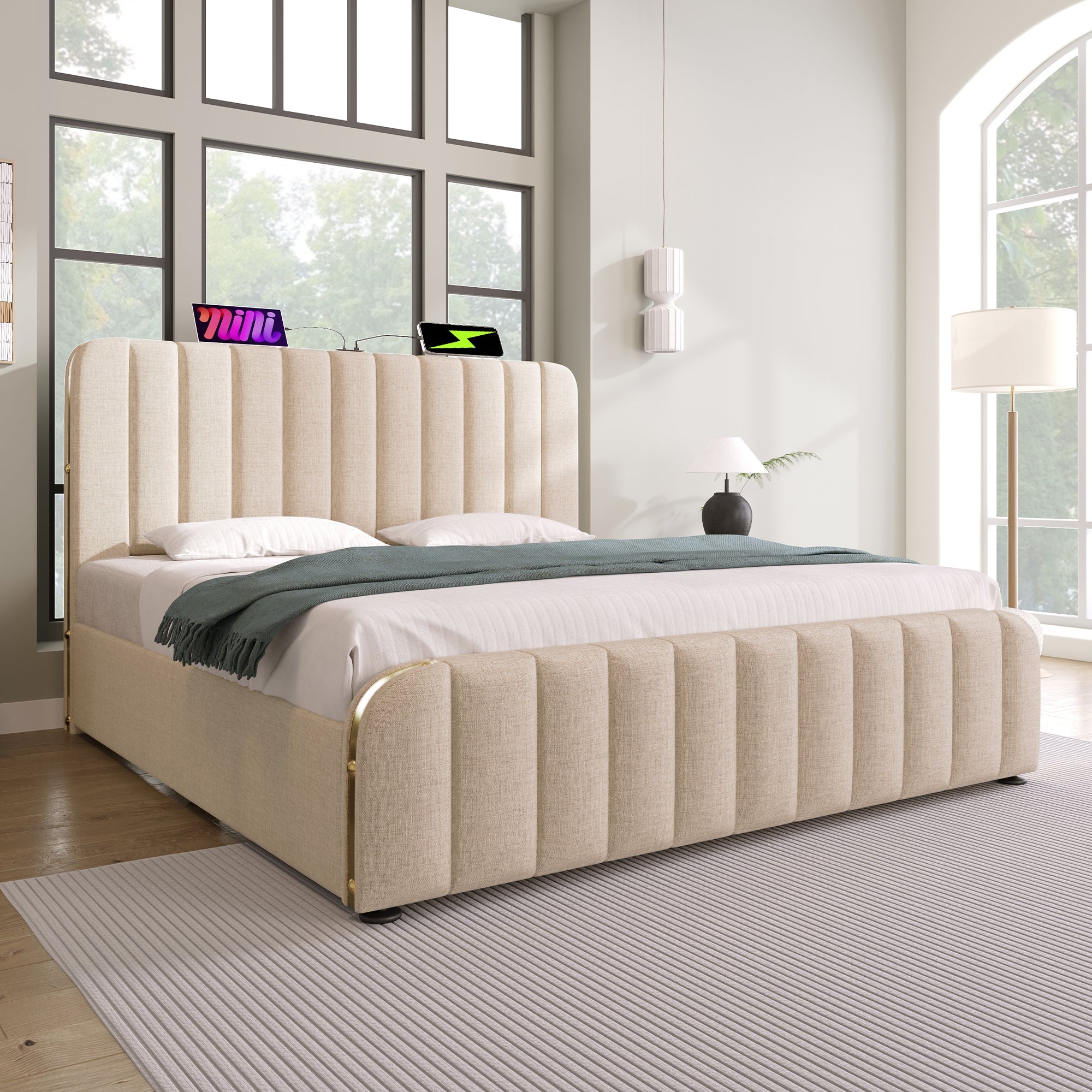 Upholstered Bed 160x200cm Double Padded Headboard USB Type-C Hydraulic Storage, Beige Linen