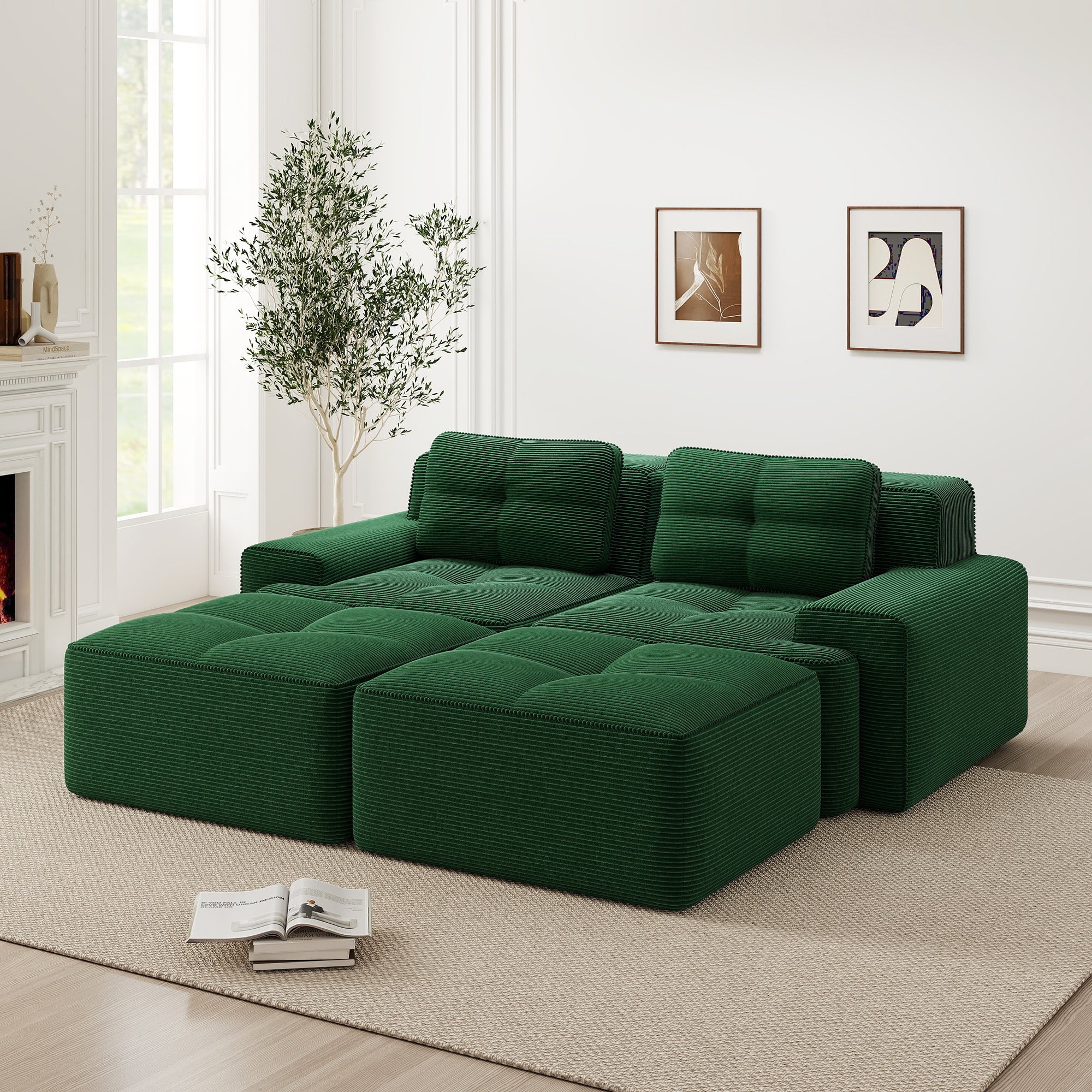 Cloud Modular Sofa U-Shape with Ottoman Deep Seat - Corduroy Green