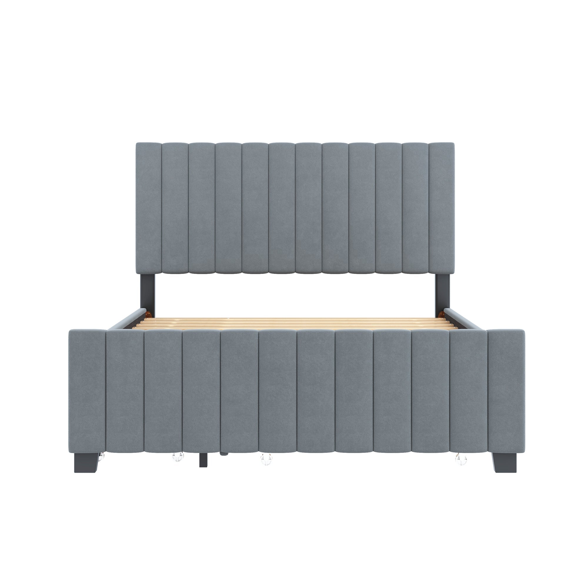 Upholstered Bed 140x190cm, Pull-Out & 2 Drawers, Velvet, Grey