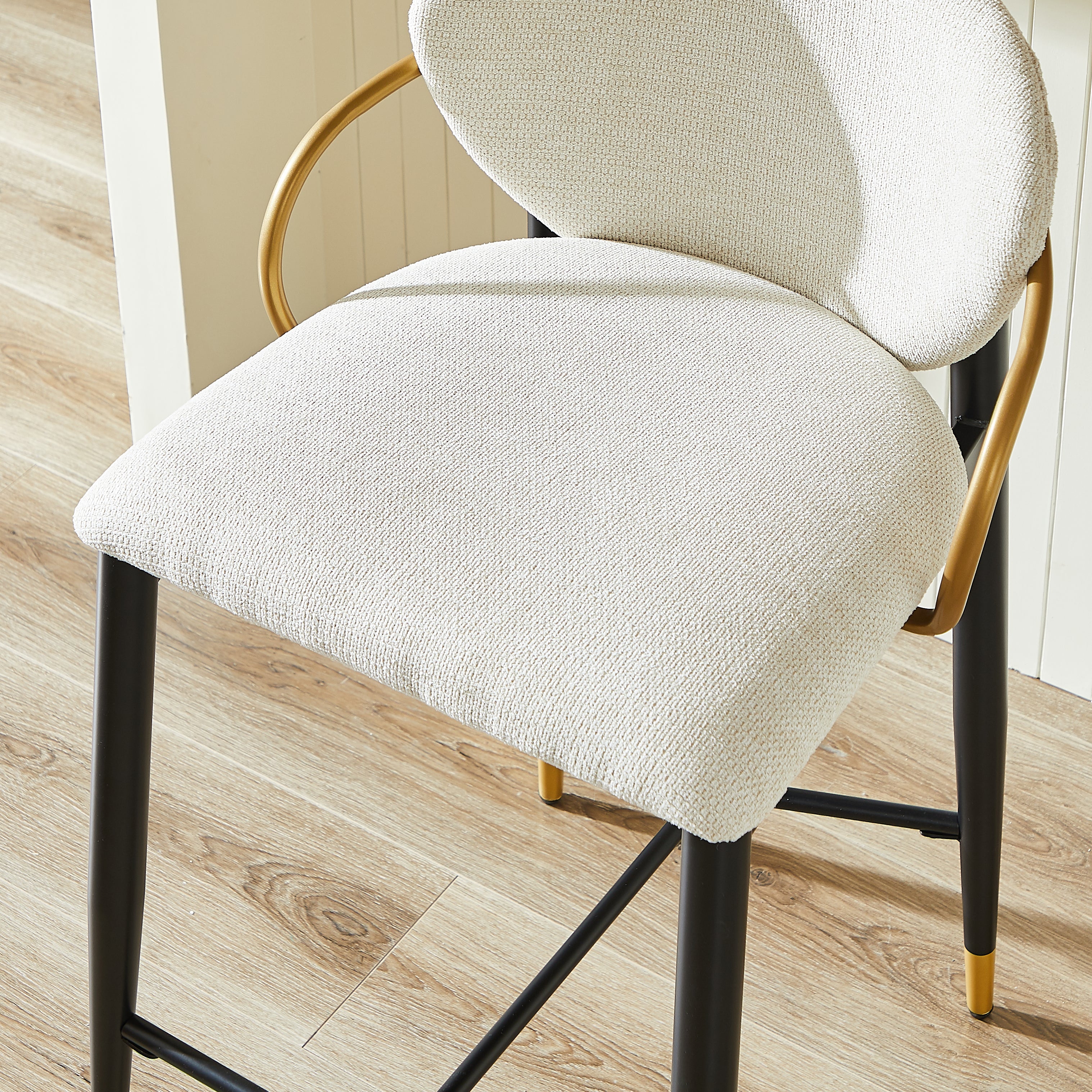 Height-adjustable Bar Stool Set of 2 with Backrest and Footrest, Beige Chenille