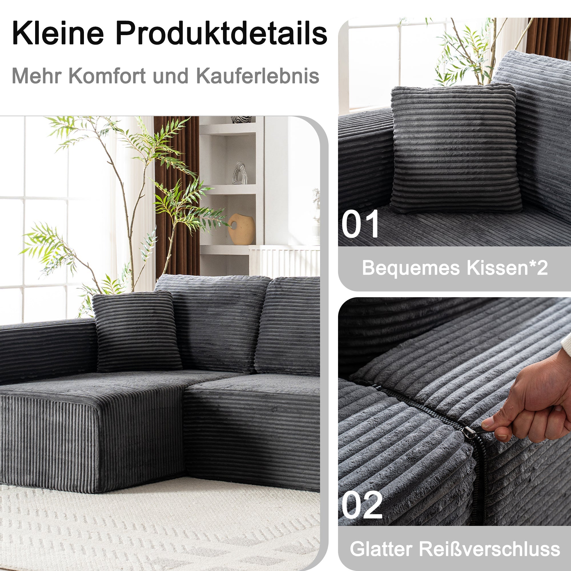 Modern Modular L-Shaped Cloud Sofa, Wide Armchair with Chaise Lounge and No Assembly, Core Fabric Material