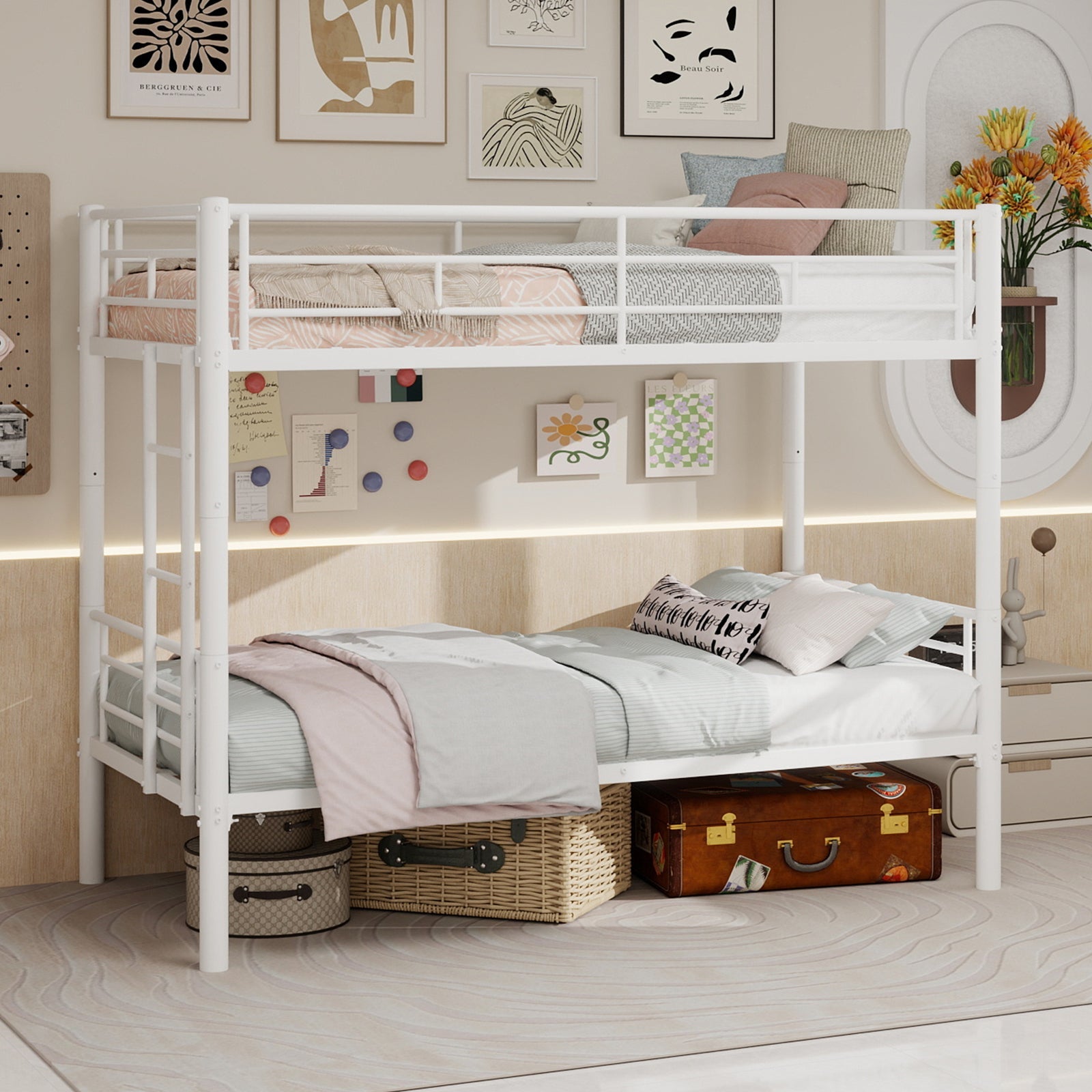 Twin over Twin Bunk Bed Convertible 2 Beds with Ladders & Railings, Metal