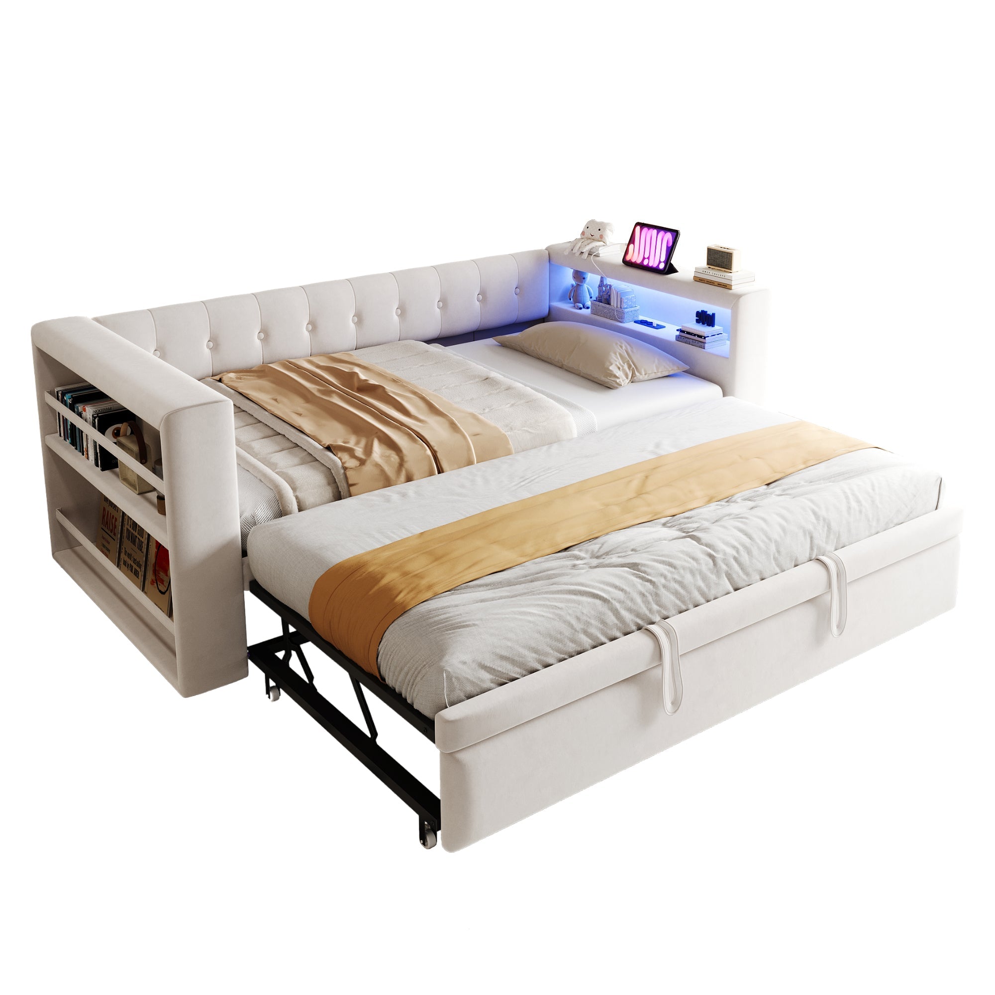 Multifunctional Upholstered Sofa Bed with LED Lighting, Power Outlets and Ample Storage, 90/180x190cm, Beige