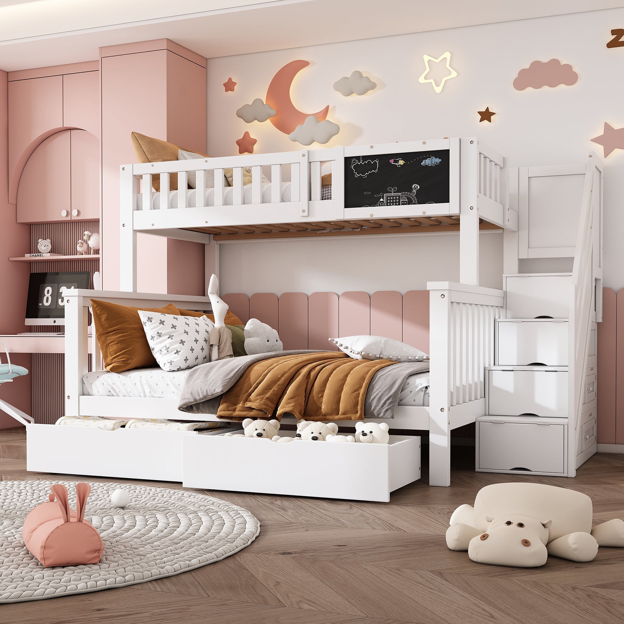 Children's Bunk Bed with Chalkboard and Drawers, 90x200 & 140x200cm, White