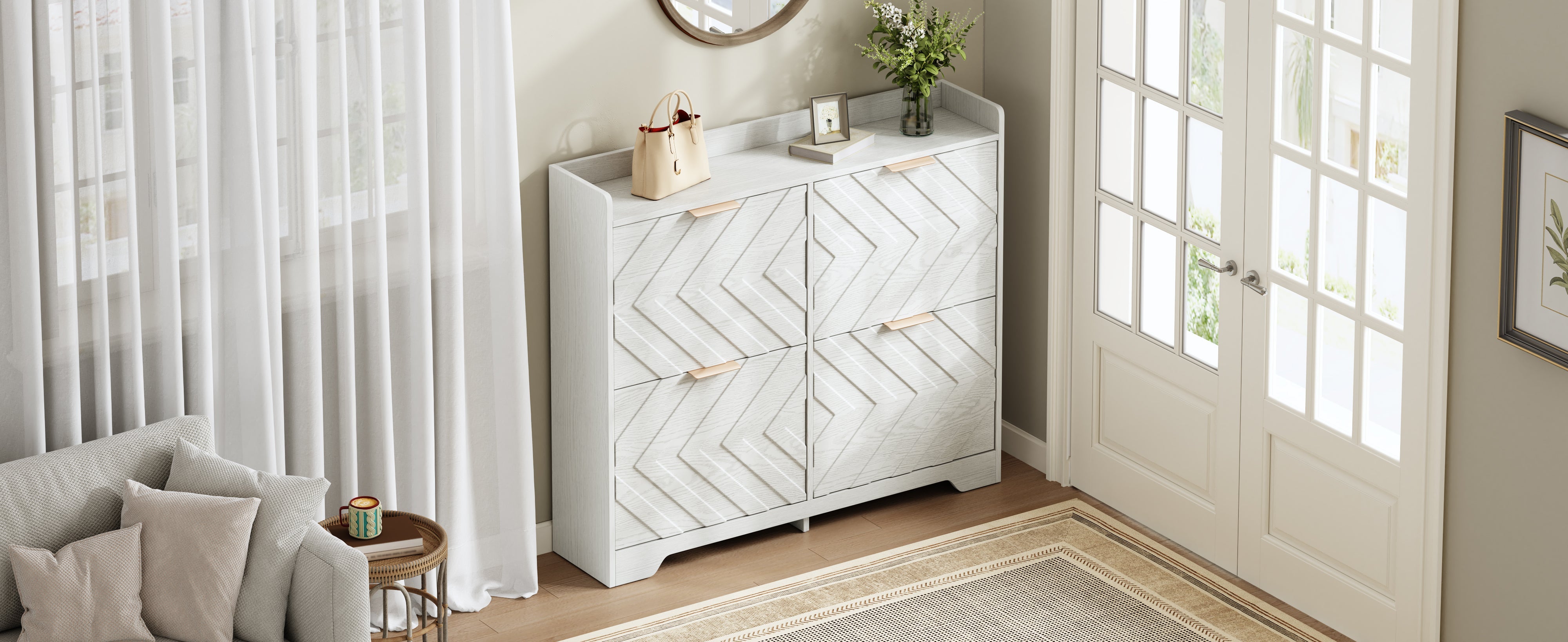 Shoe Cabinet with 4 Flip Drawers, 3D Textured Front and Top Shelf, White Particle Board