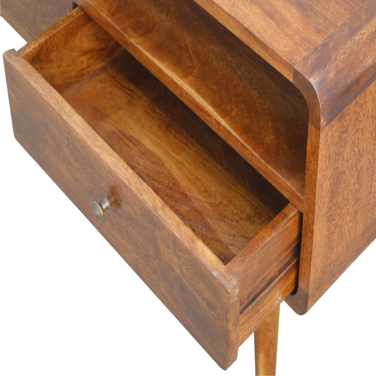 Solid Wood Media Unit, Curved Chestnut 2 Drawers 1 Open Slot, Dark Brown