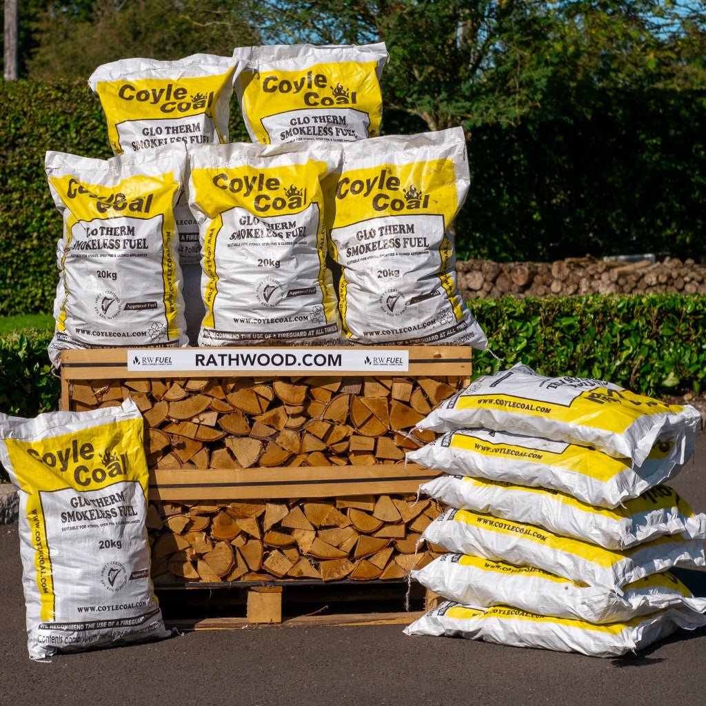 18 x 20kg Glotherm Coal and Oak Firewood 1m³ - 440kg Kiln Dried (4 Row) Pallet - Rathwood Store