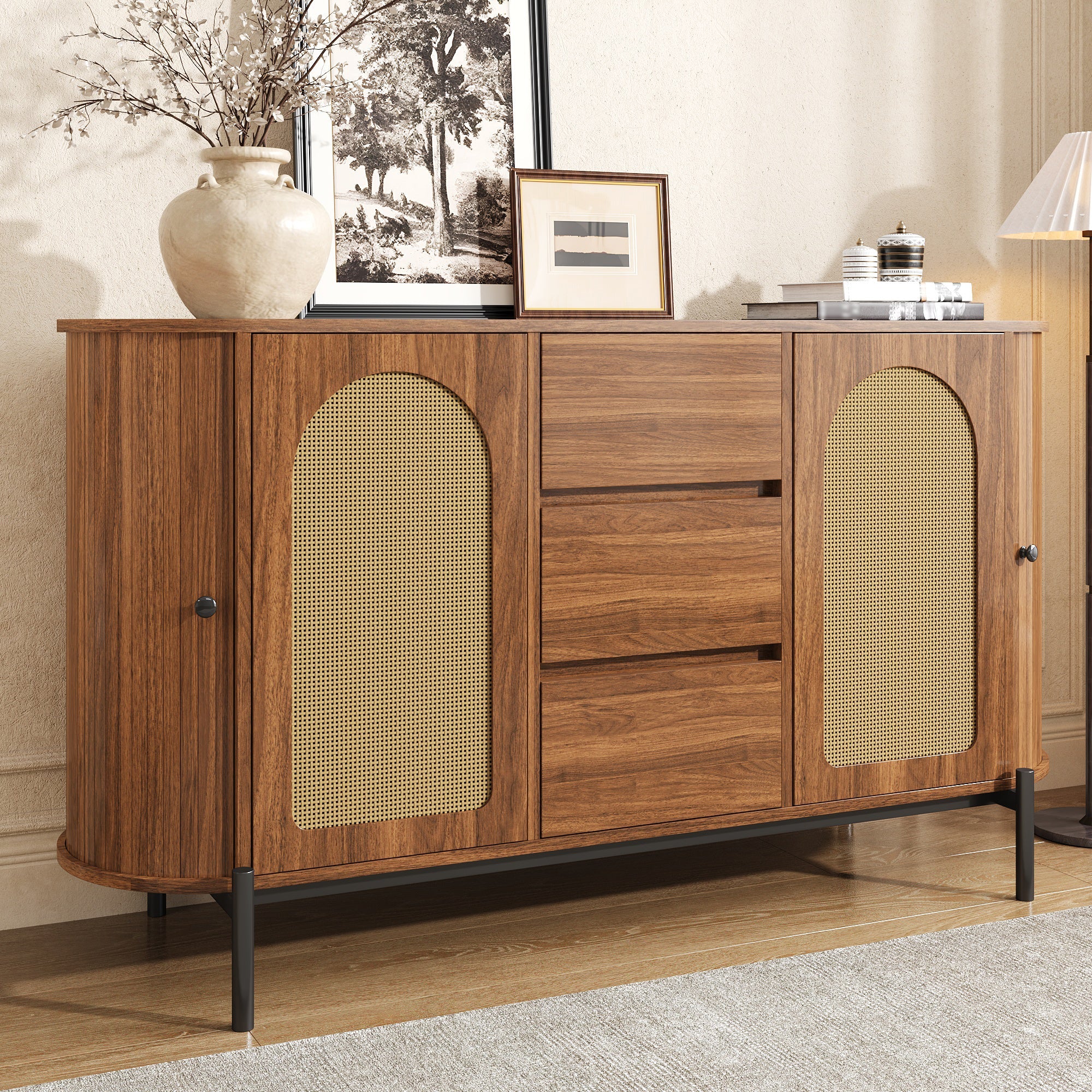 Oval Sideboard with Rattan Sliding Doors and Drawers, Wood Look and Metal