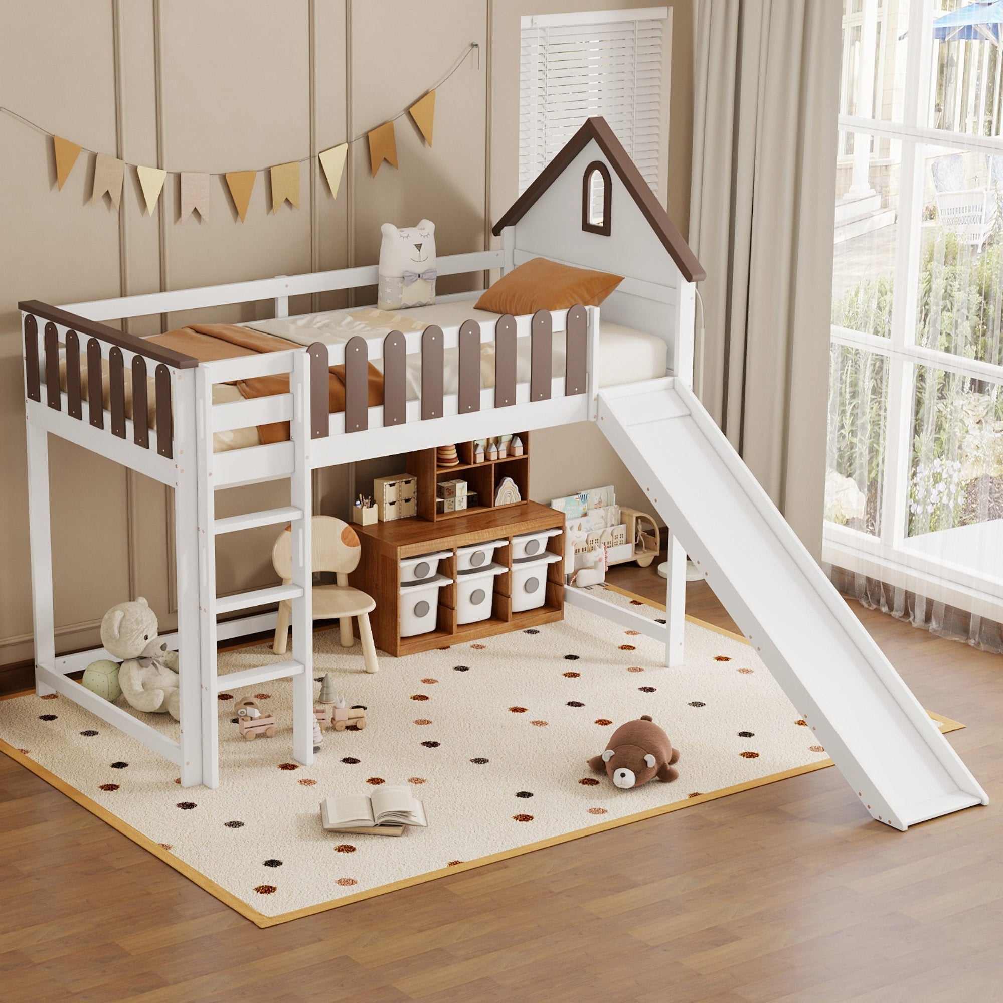 Loft Bed, Roof & Window, 3-Step Ladder, Slide, Pine+MDF, White+Walnut
