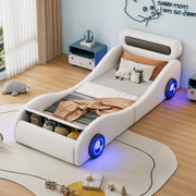 Car Shaped Upholstered Bed with Light-up Wheels and Storage, White PU