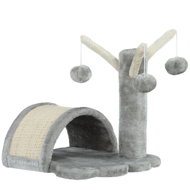Katzenbaum, kleiner Turm mit Höhle, 2 Spielbälle, Kratzmatte, Hellgrau