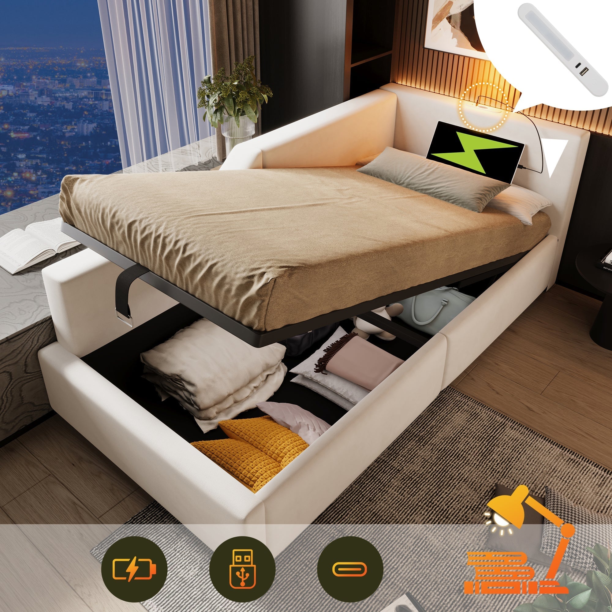 Upholstered Daybed, 90x190cm Sofa Bed with Hydraulic Storage & USB-C, Velvet Beige