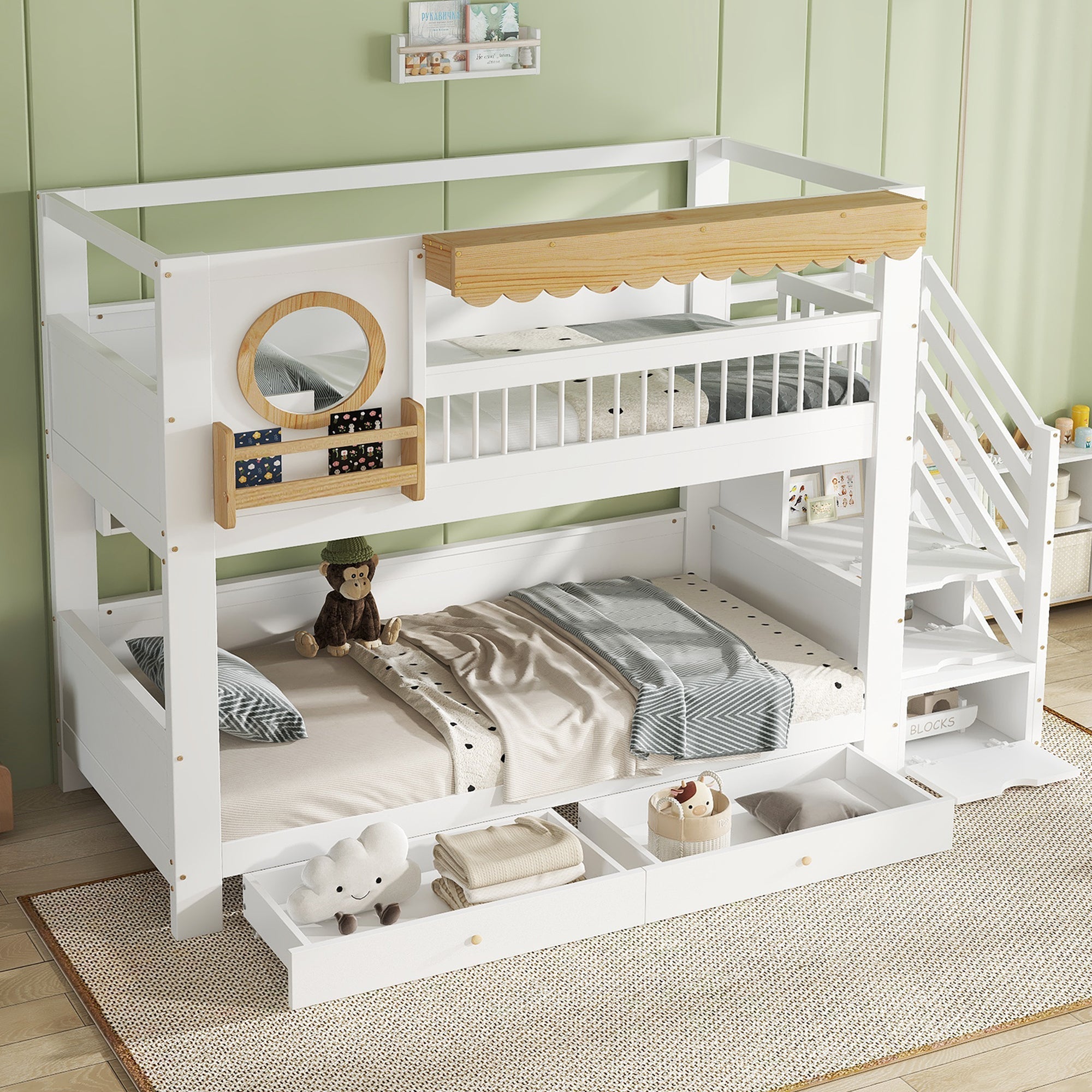 Bunk Bed with Storage Drawers, Staircase Wardrobe, 90x200cm, Pine + MDF White/Natural