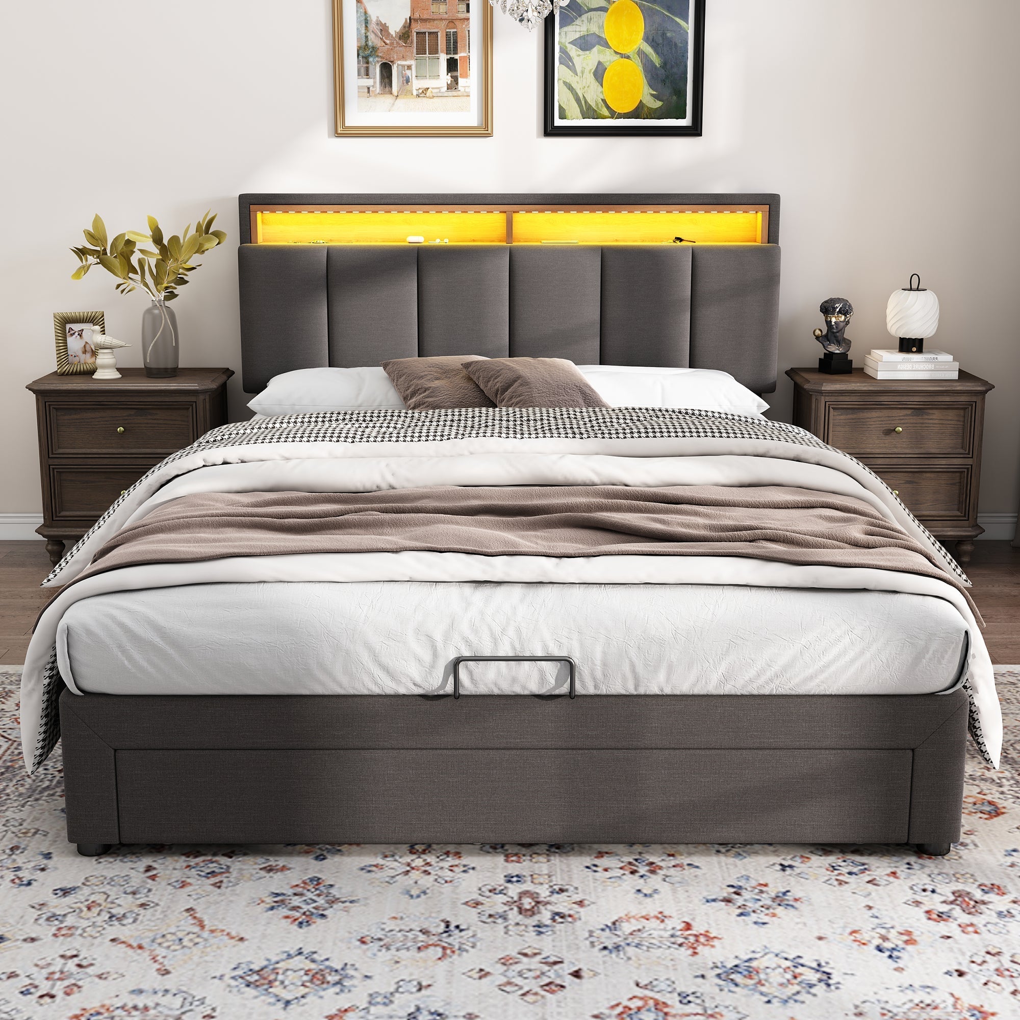 Upholstered Bed 140x190cm LED Hydraulic Storage Drawers - Grey Linen