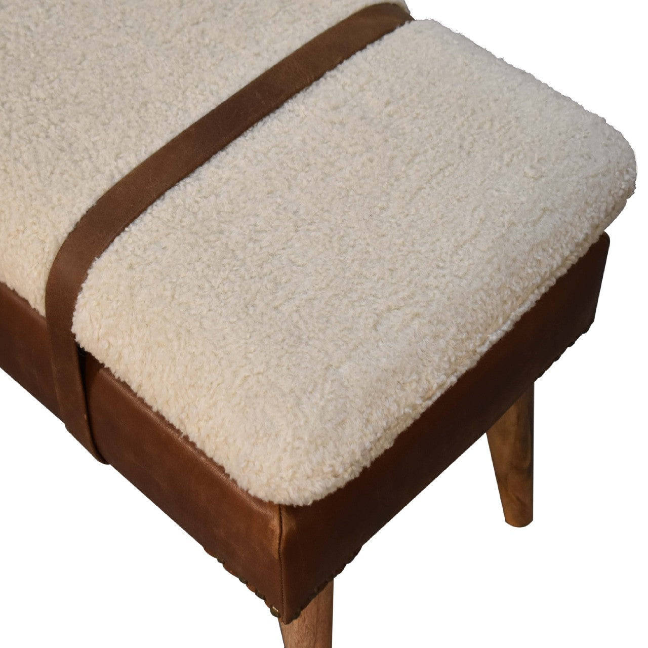 Solid Wood Bench, Upholstered Bouclé Buffalo Hide Leather, Beige
