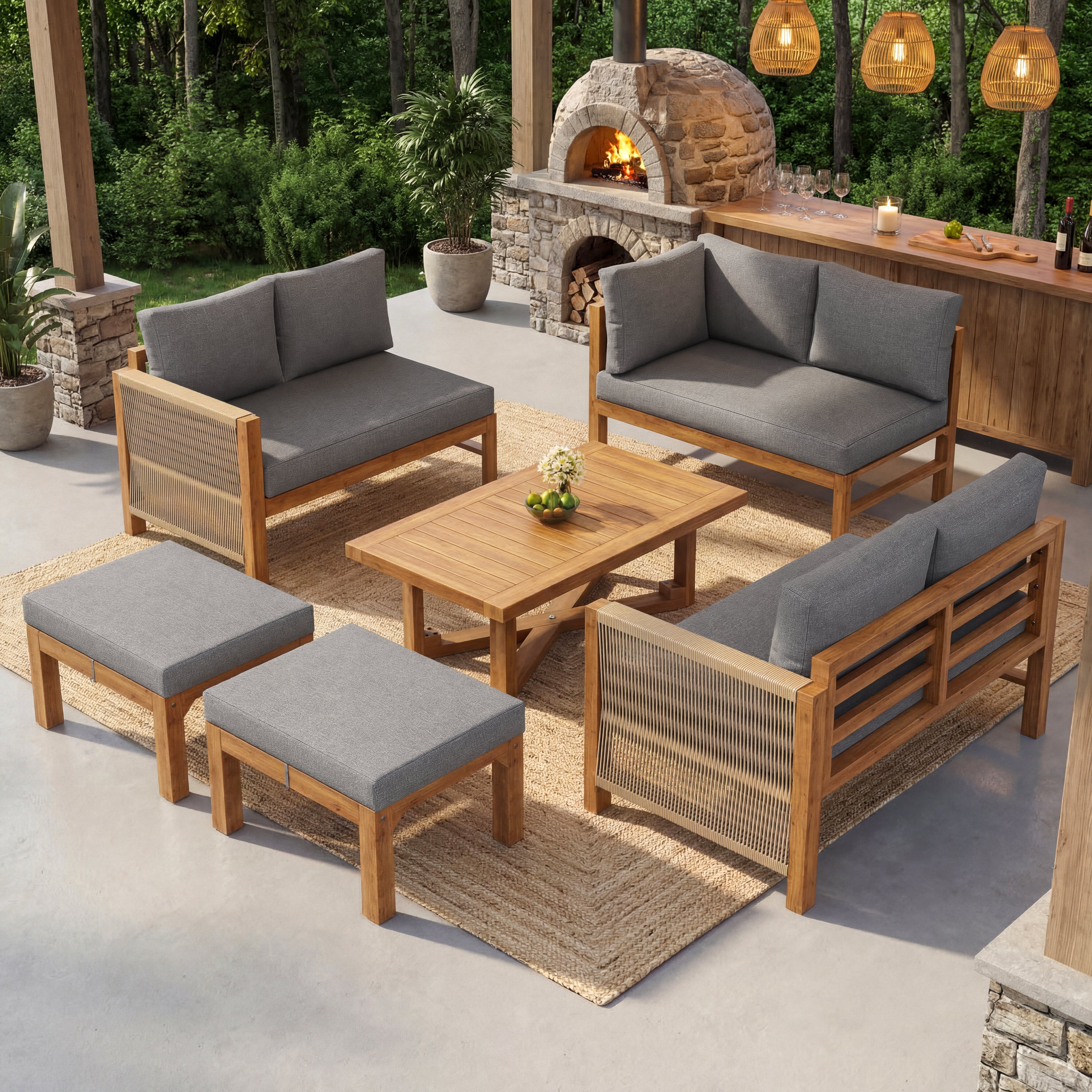 Modular Garden Furniture Set, 6-Seater Corner Sofa with 2 Stools and Table, Acacia Wood