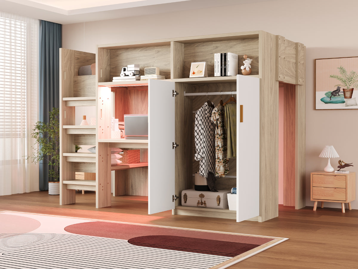 Multifunctional Loft Bed with Desk, Wardrobe, Shelf and LED Lighting, Wood Color