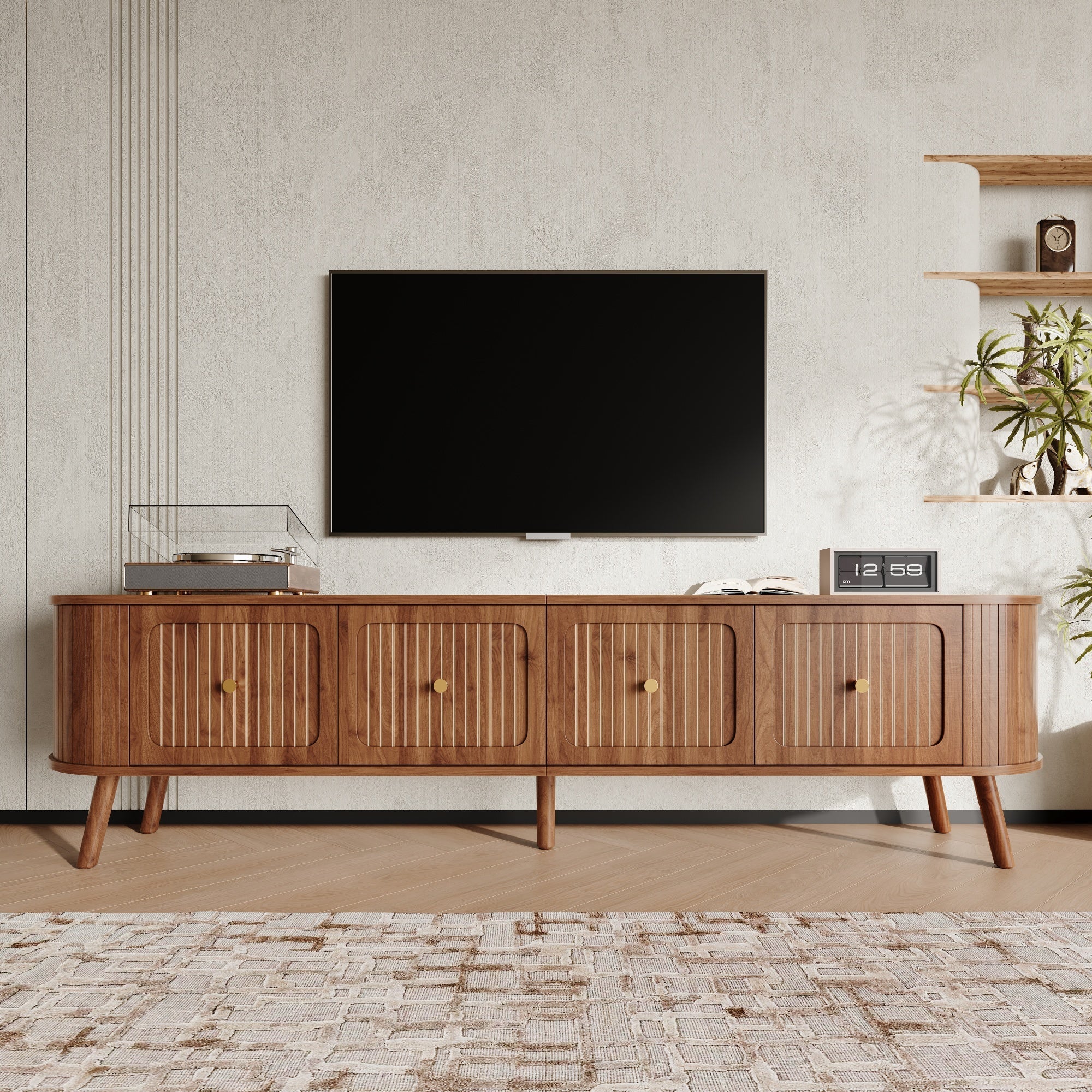 TV Stand Modern Low 4 Cabinet Doors Gold Handles 180cm