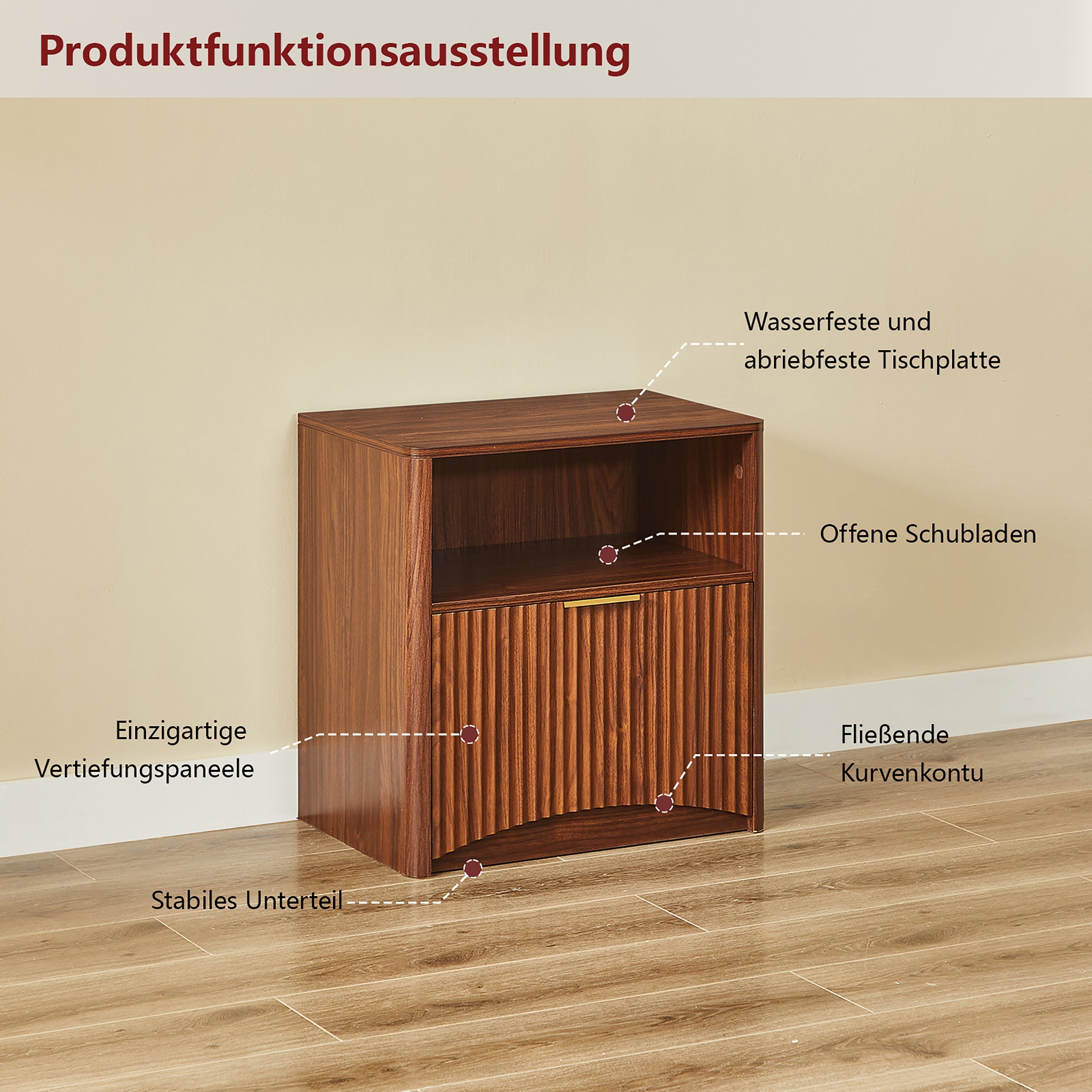 Nightstand Grooved Open Drawer Gold Handles - Walnut Look