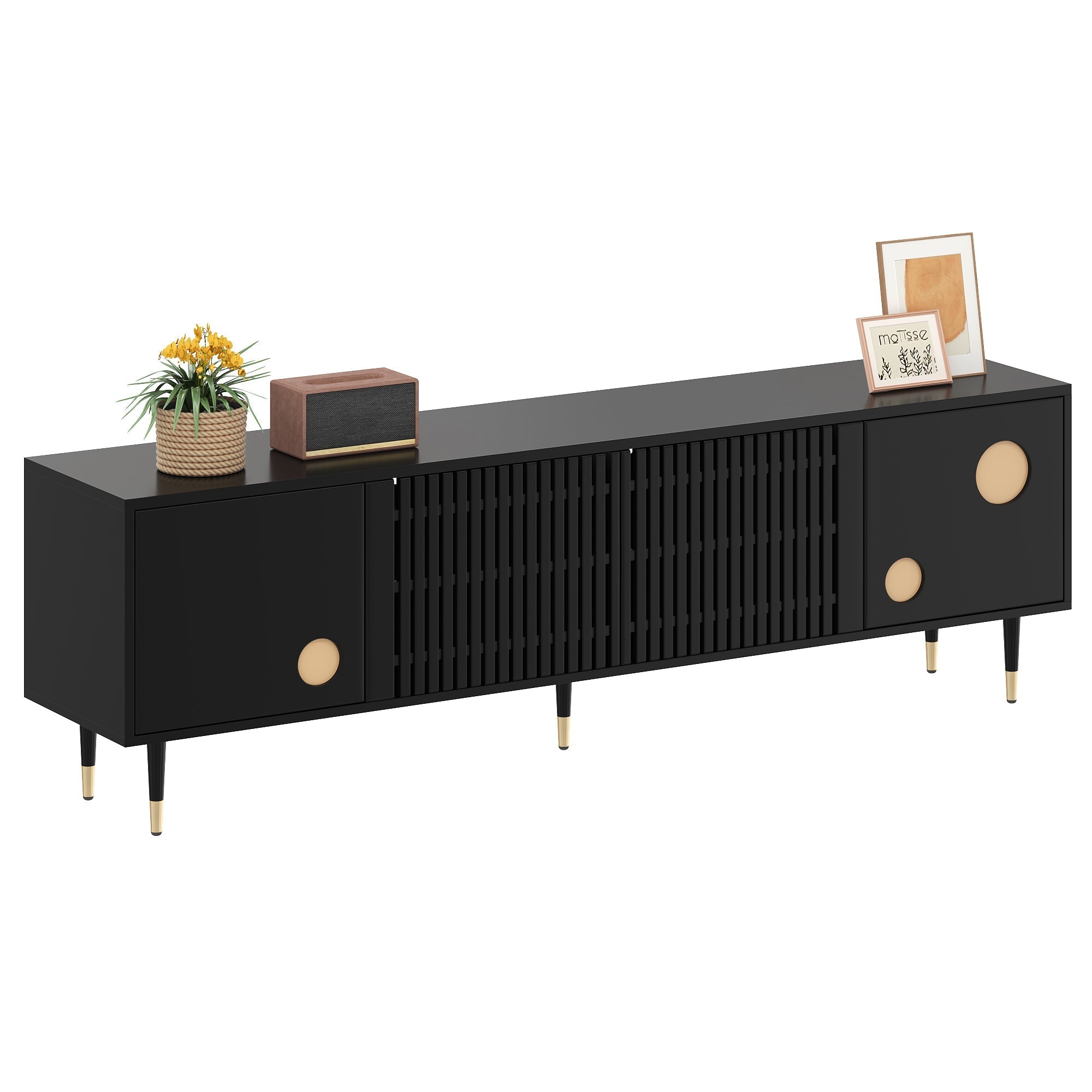 TV Cabinet, Lattice, Hidden Handles, Gold Decor, Solid Wood