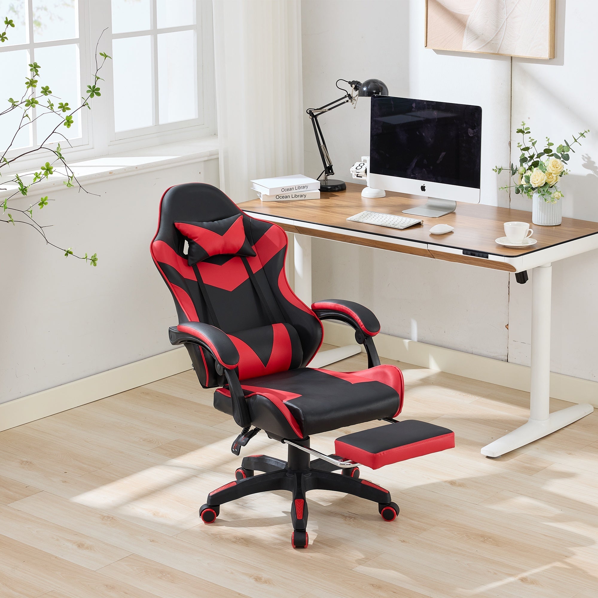 Racing Gaming Chair High-Back Ergonomic Swivel with Footrest Headrest Lumbar Support Leather Black & Red