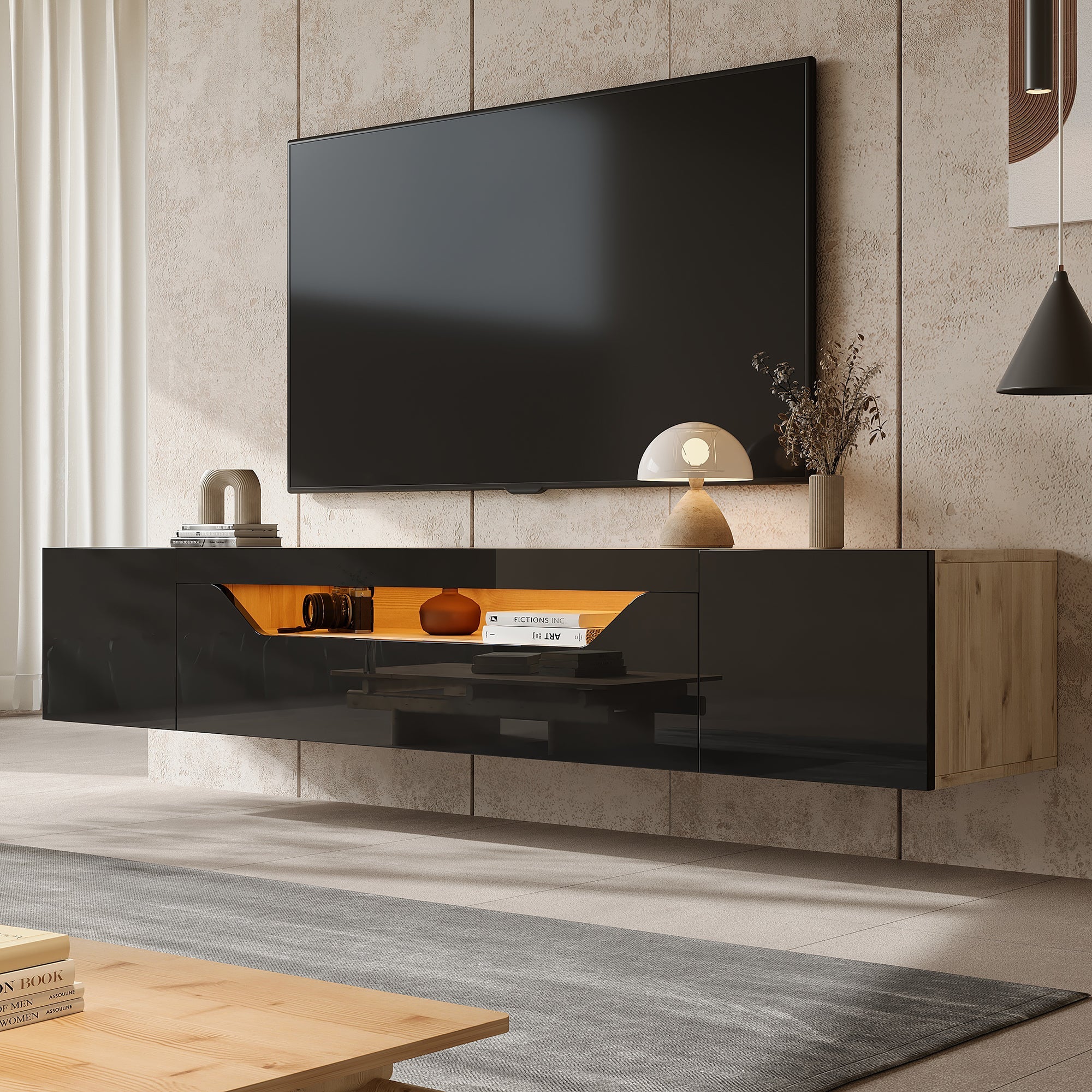 TV cabinet, 3 storage compartments, lowboard, floating wall board, LED light, wall-mountable, suitable for 75-inch TVs, black and wood color