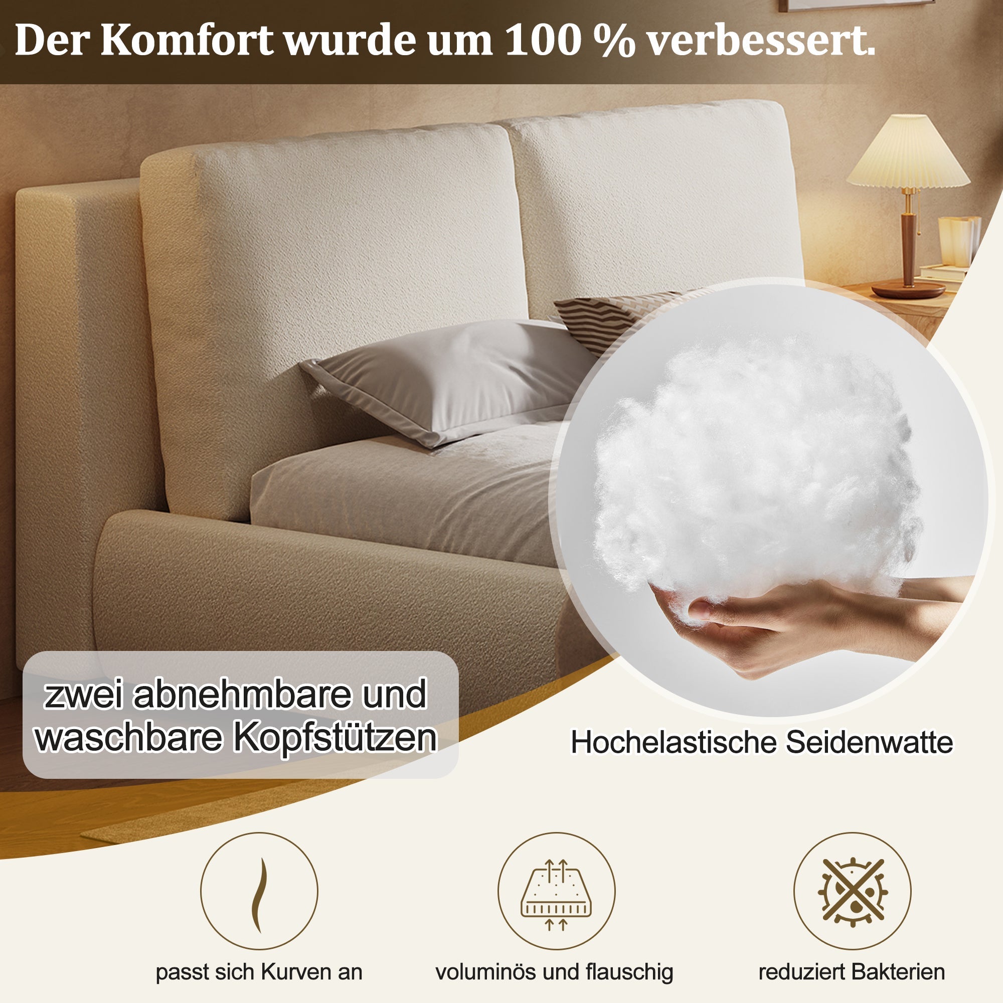 Upholstered Bed, Double 180x200cm, Hydraulic, Storage, Slatted Base, Beige Bouclé