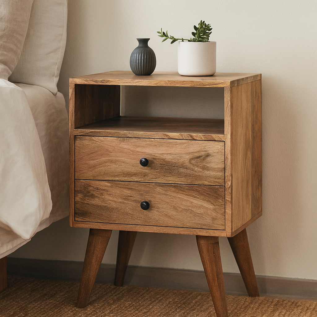 Solid Wood Bedside Table, 2 Drawers 1 Slot, Brown/Oak-ish Finish