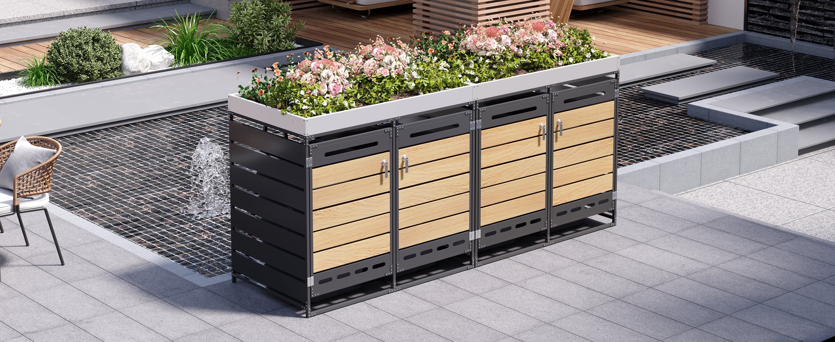 Bin Storage Unit with Planter Box, Slotted Ventilation and Lock, Iron with Wood-Look Slats