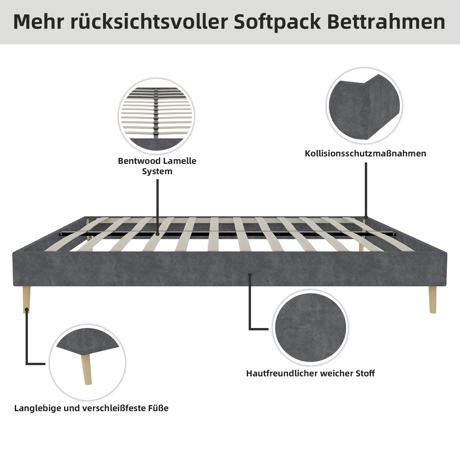 Modern Minimalist Bed Frame, 140x200 cm Low-Profile Base, Grey Dutch Velvet Fabric