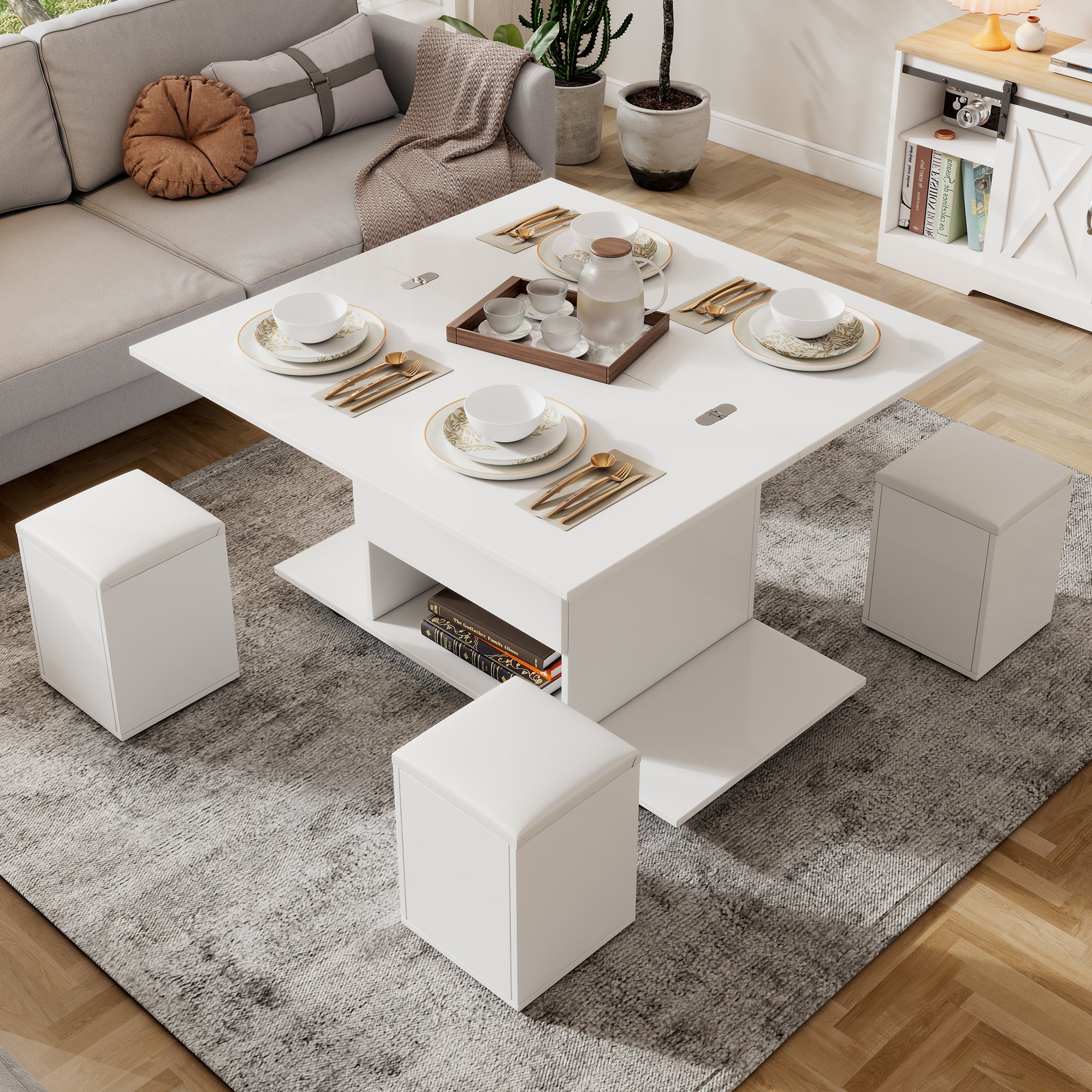 Liftable Coffee Table, Multifunctional with 2 Opening Tabletops, White