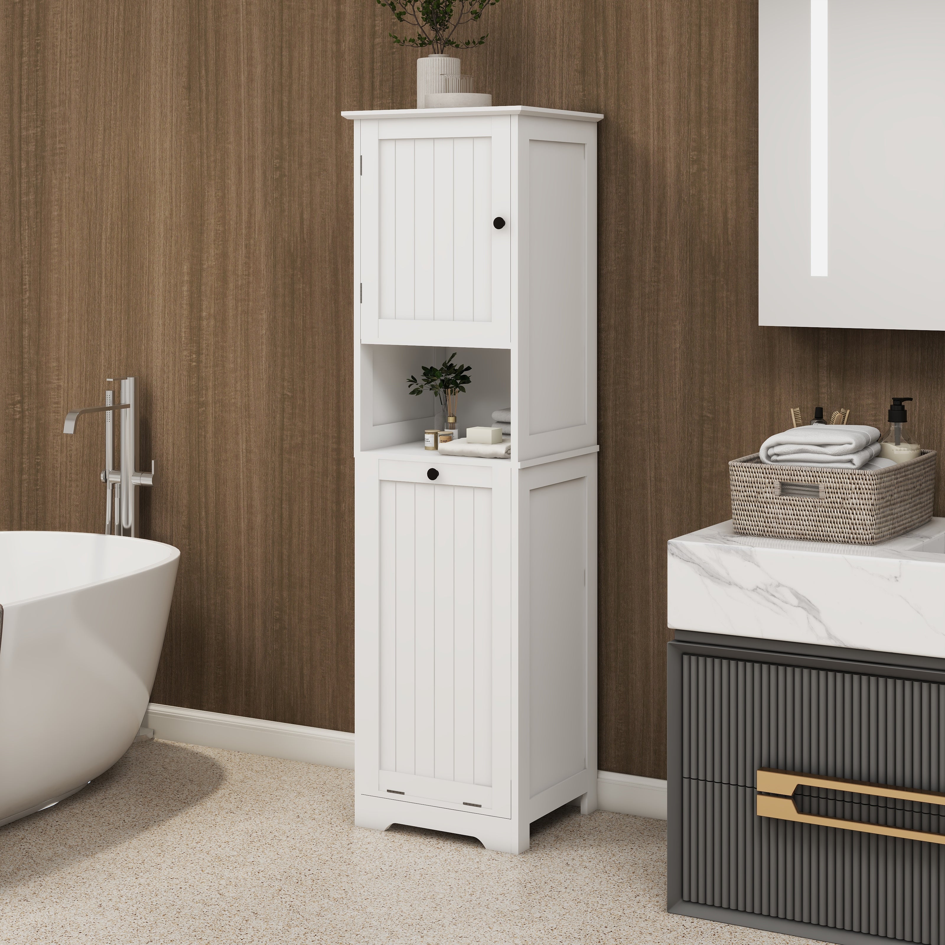 Laundry Sorter Cabinet, One-Compartment Tilt-Out Door, White