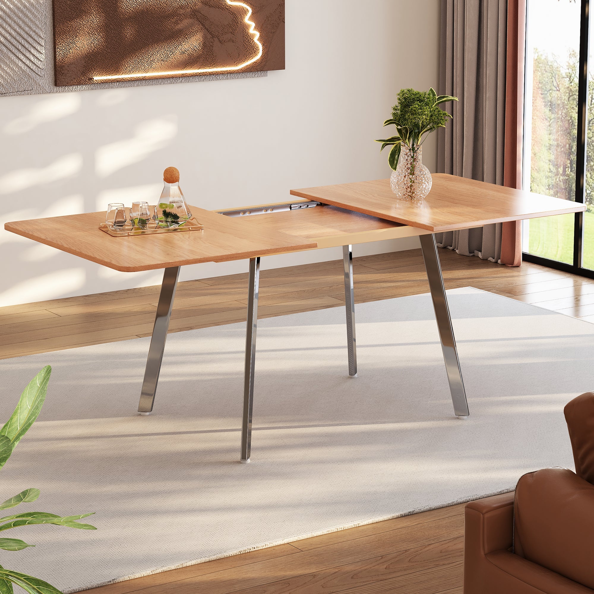 Extendable Dining Table, 140-180cm for 4-6 People with Alloy Support, Natural and Silver Chrome