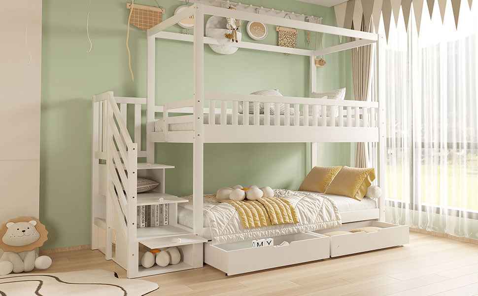 Bunk Bed, House-Shaped, Safety Railing, Storage, Solid Wood White